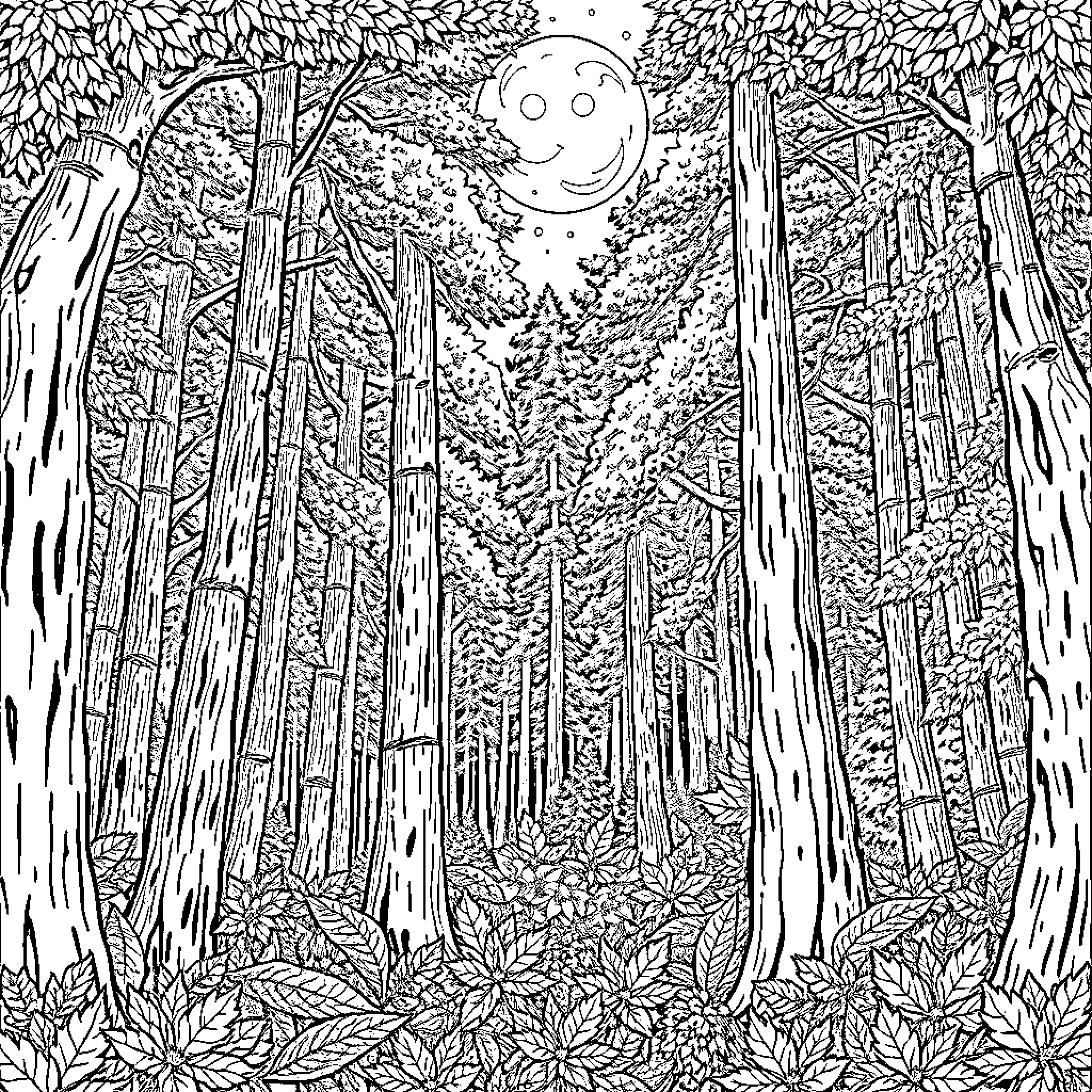 Forest Trail in the Moonlight Coloring Page (free black-and-white line drawing printable PDF for all, from beginners to advanced learners, including children, teens, adults, and seniors)