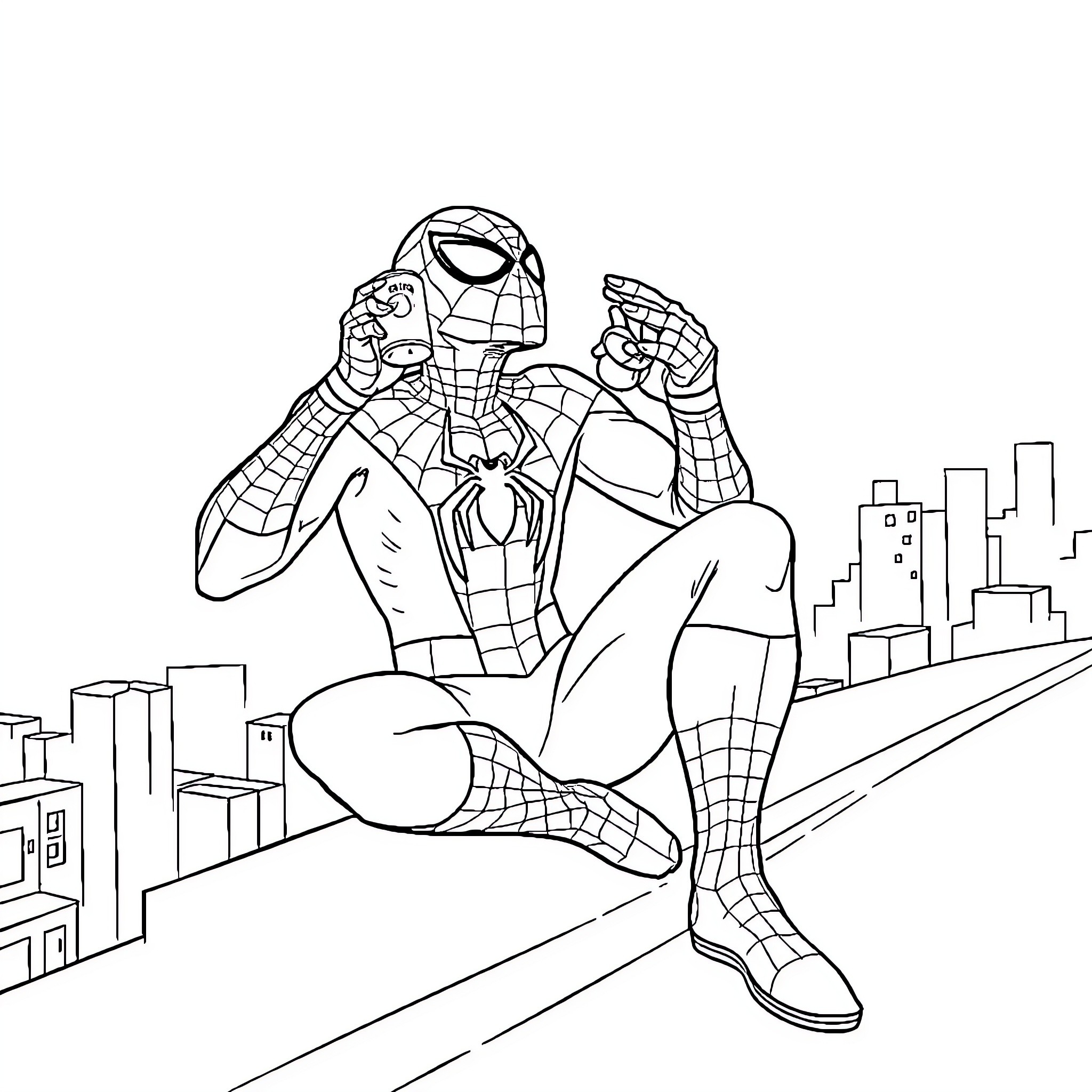 Spiderman swinging through the cityscape Coloring Page (free black-and-white line drawing printable PDF for all, from beginners to advanced learners, including children, teens, adults, and seniors)