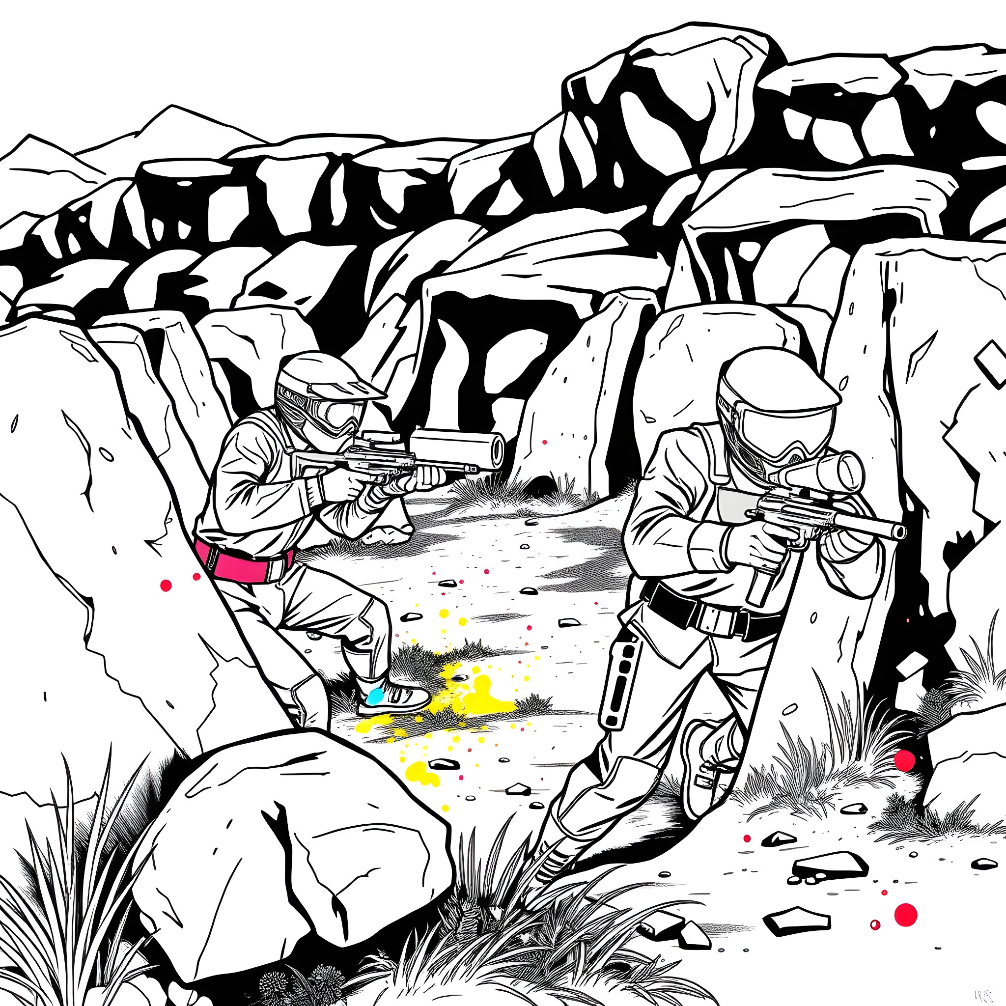 Paintball battle in the rugged wilderness Coloring Page (free black-and-white line drawing printable PDF for all, from beginners to advanced learners, including children, teens, adults, and seniors)
