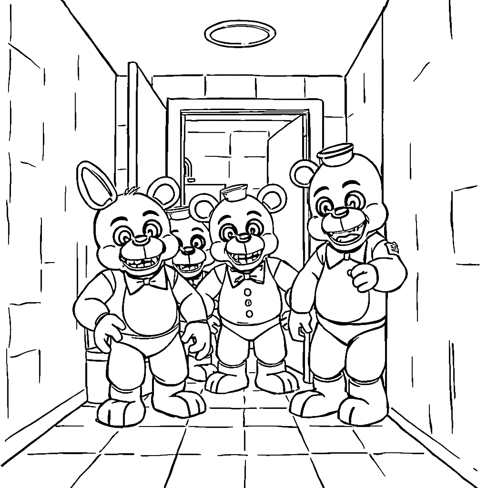 Five Nights At Freddy's: Group of Animatronic Characters Posing Coloring Page (free black-and-white line drawing printable PDF for all, from beginners to advanced learners, including children, teens, adults, and seniors)