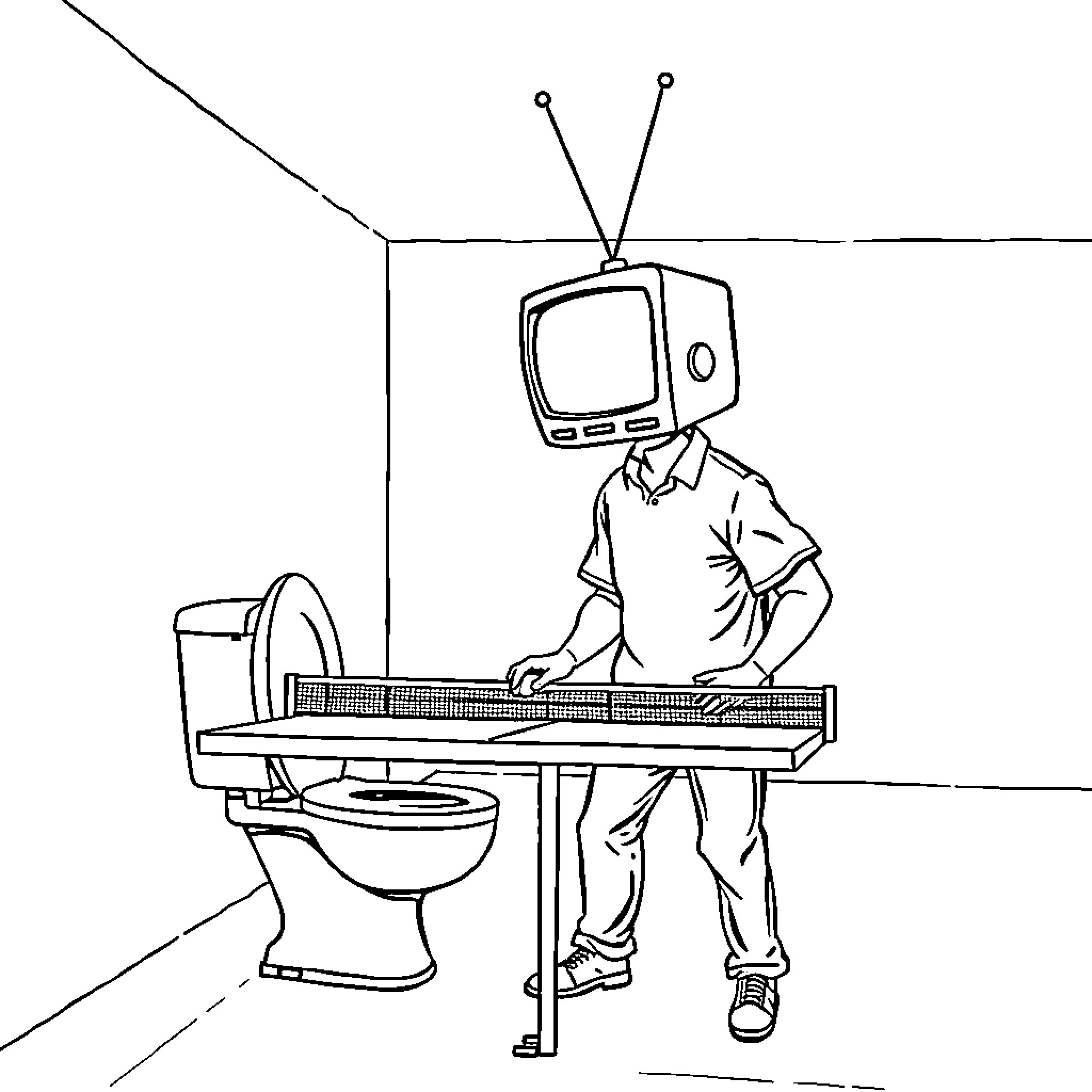 TV Head Man Playing Keyboard in Bathroom Coloring Page (free black-and-white line drawing printable PDF for all, from beginners to advanced learners, including children, teens, adults, and seniors)