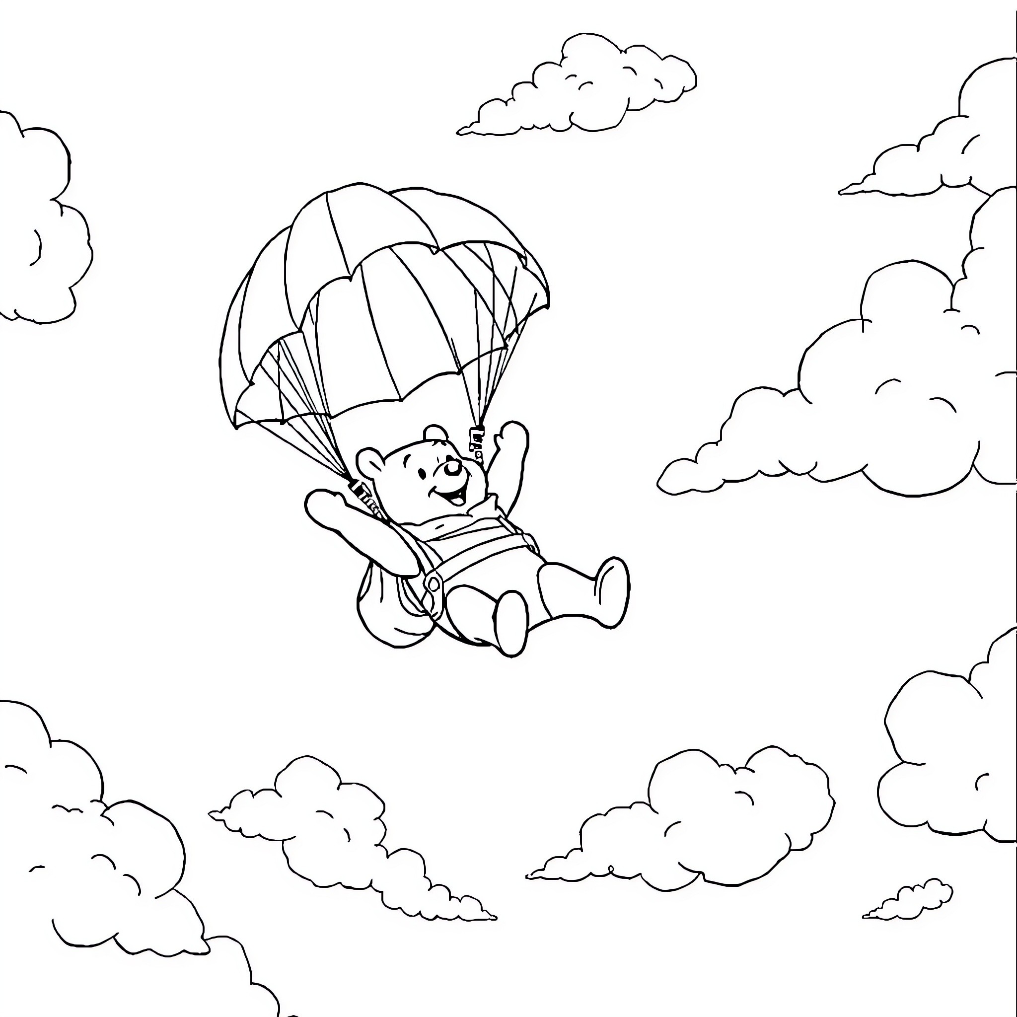 Winnie The Pooh Parachuting Through Clouds Coloring Page (free black-and-white line drawing printable PDF for all, from beginners to advanced learners, including children, teens, adults, and seniors)