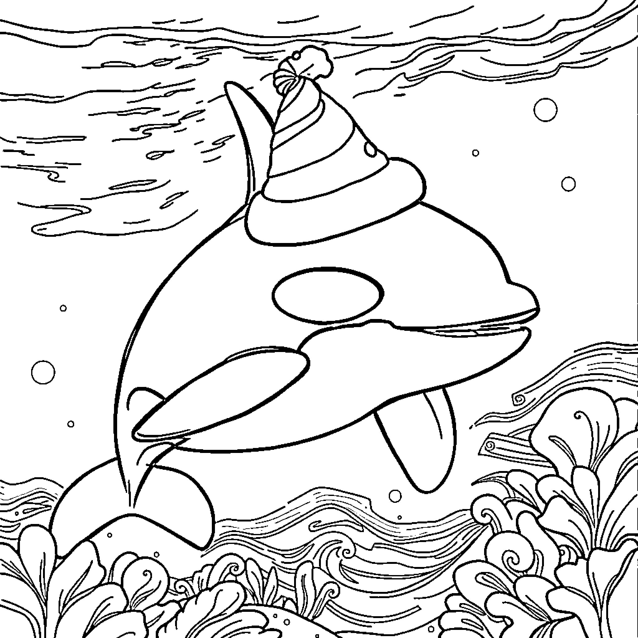 Orca playing joyfully in the ocean Coloring Page (free black-and-white line drawing printable PDF for all, from beginners to advanced learners, including children, teens, adults, and seniors)