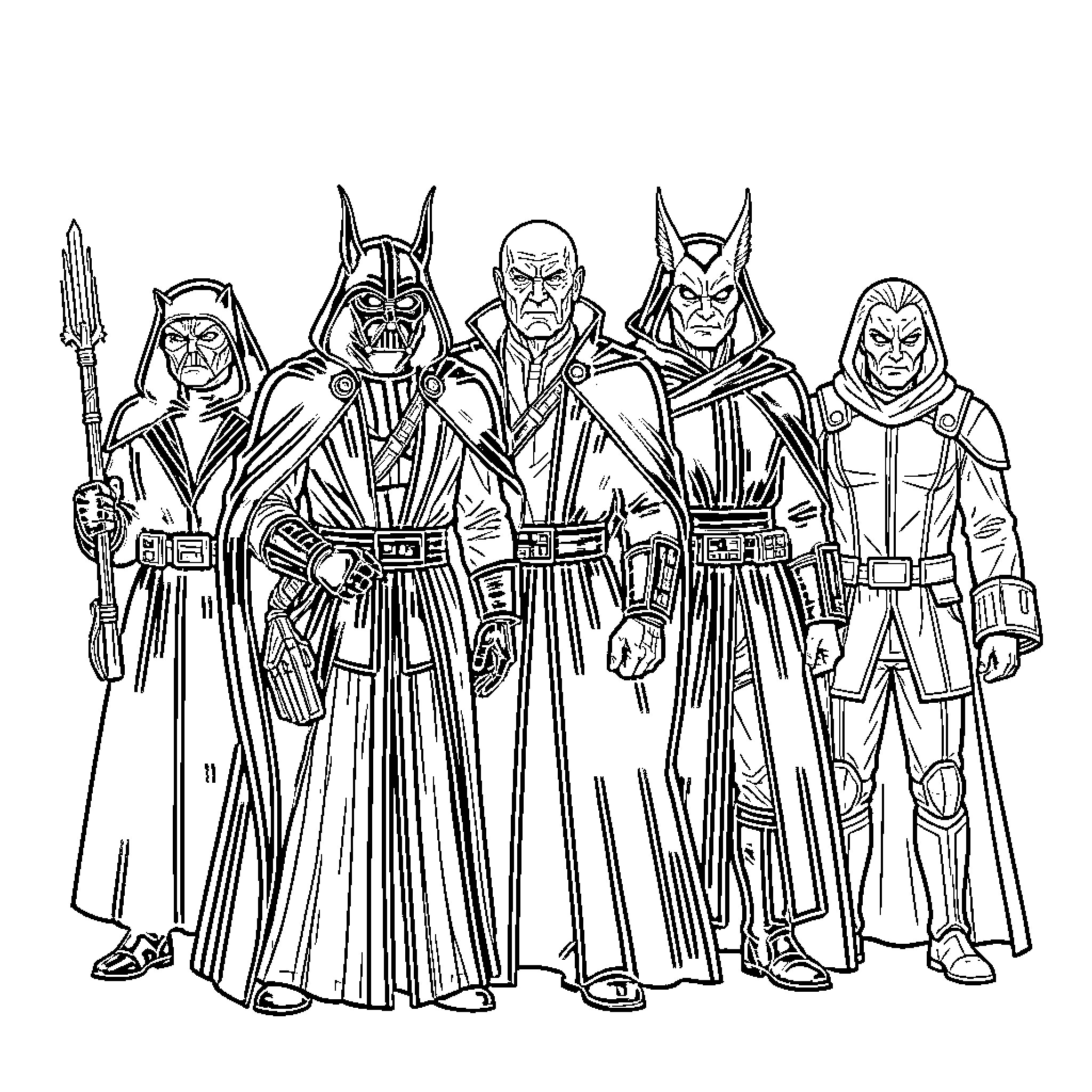 Star Wars Villain Group Portrait Coloring Page (free black-and-white line drawing printable PDF for all, from beginners to advanced learners, including children, teens, adults, and seniors)