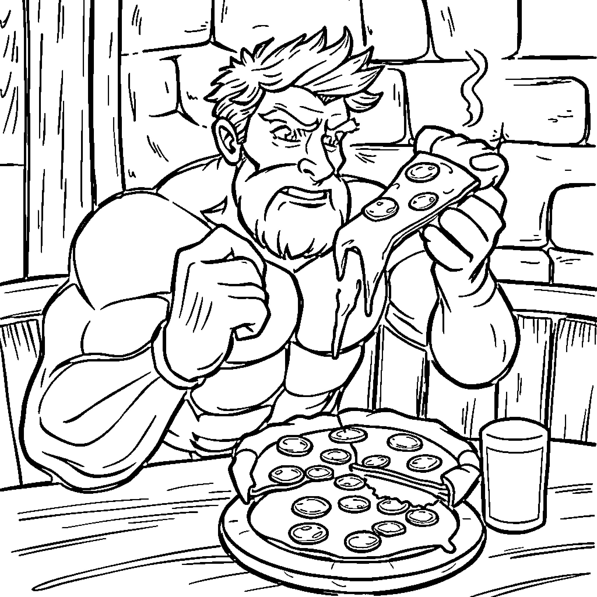 Hercules Enjoying a Hearty Meal and Gaming Session Coloring Page (free black-and-white line drawing printable PDF for all, from beginners to advanced learners, including children, teens, adults, and seniors)