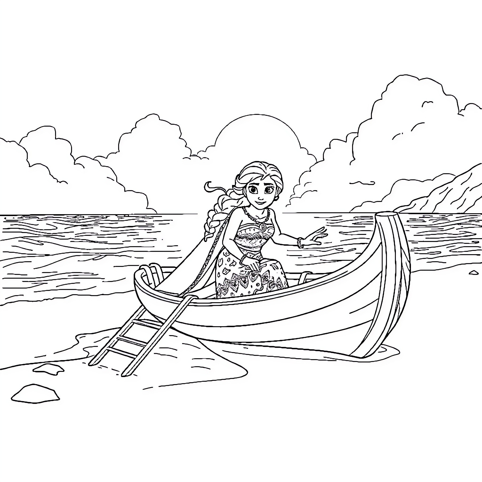 Moana exploring the ocean in a boat Coloring Page (free black-and-white line drawing printable PDF for all, from beginners to advanced learners, including children, teens, adults, and seniors)