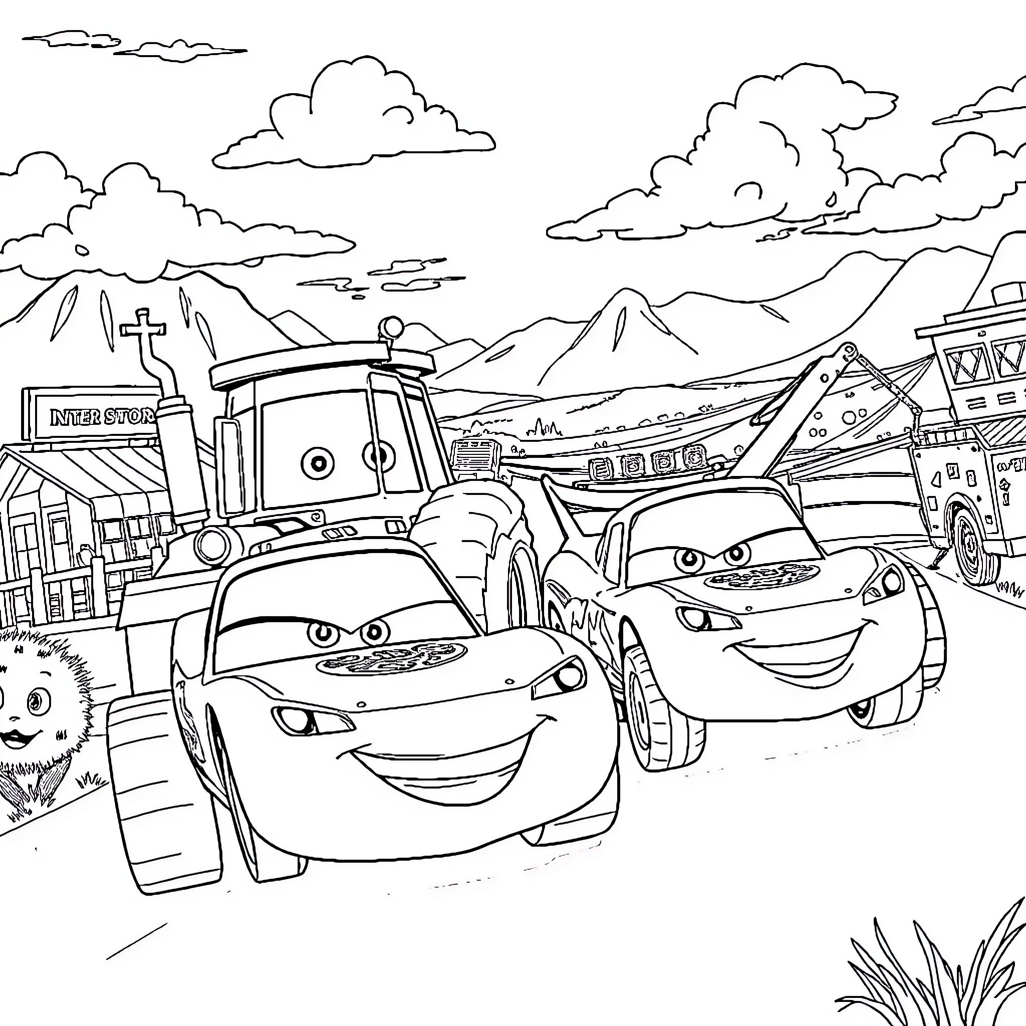 Car characters on the road in mountainous landscape Coloring Page (free black-and-white line drawing printable PDF for all, from beginners to advanced learners, including children, teens, adults, and seniors)