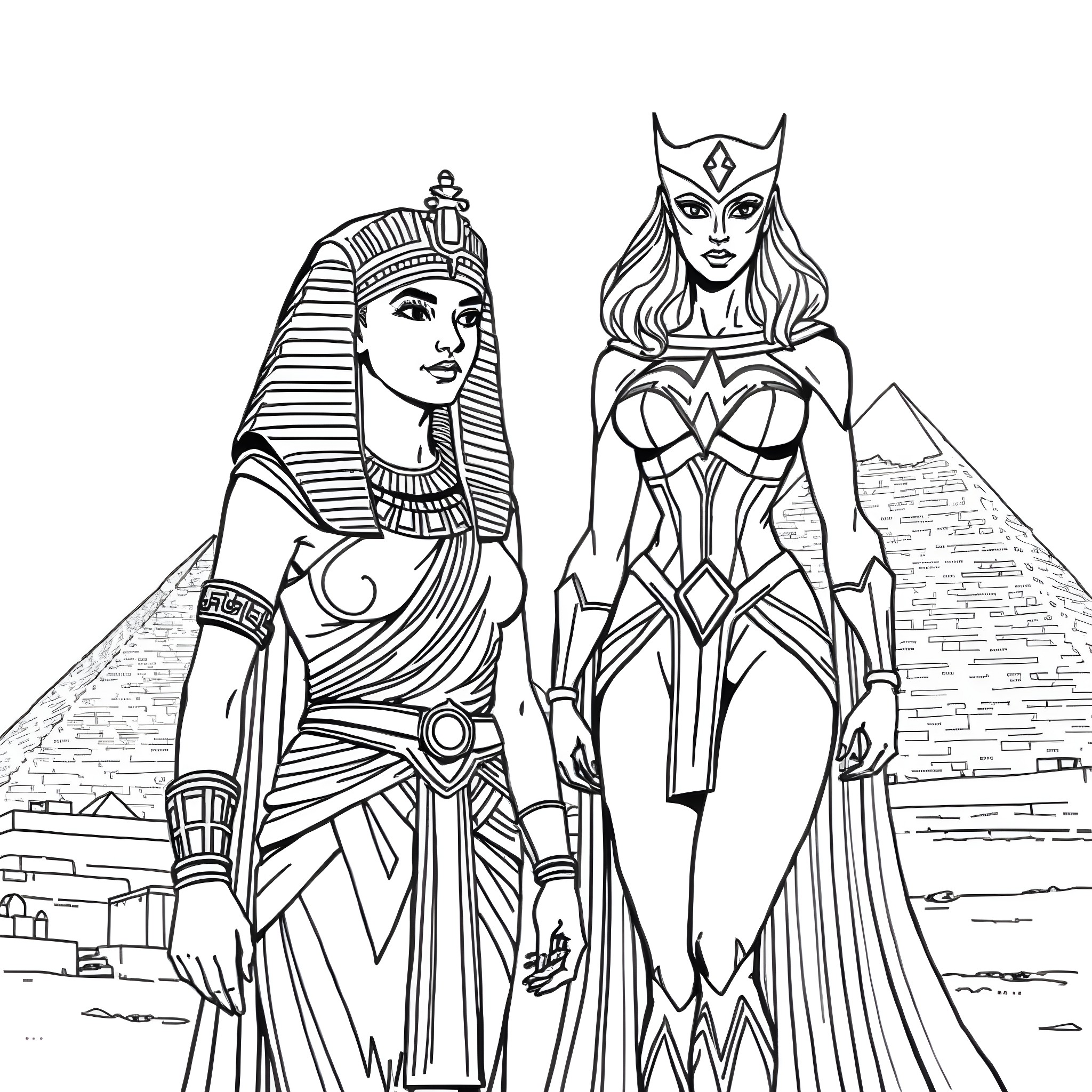 Cleopatra and the Warrior Queen in Ancient Egypt Coloring Page (free black-and-white line drawing printable PDF for all, from beginners to advanced learners, including children, teens, adults, and seniors)