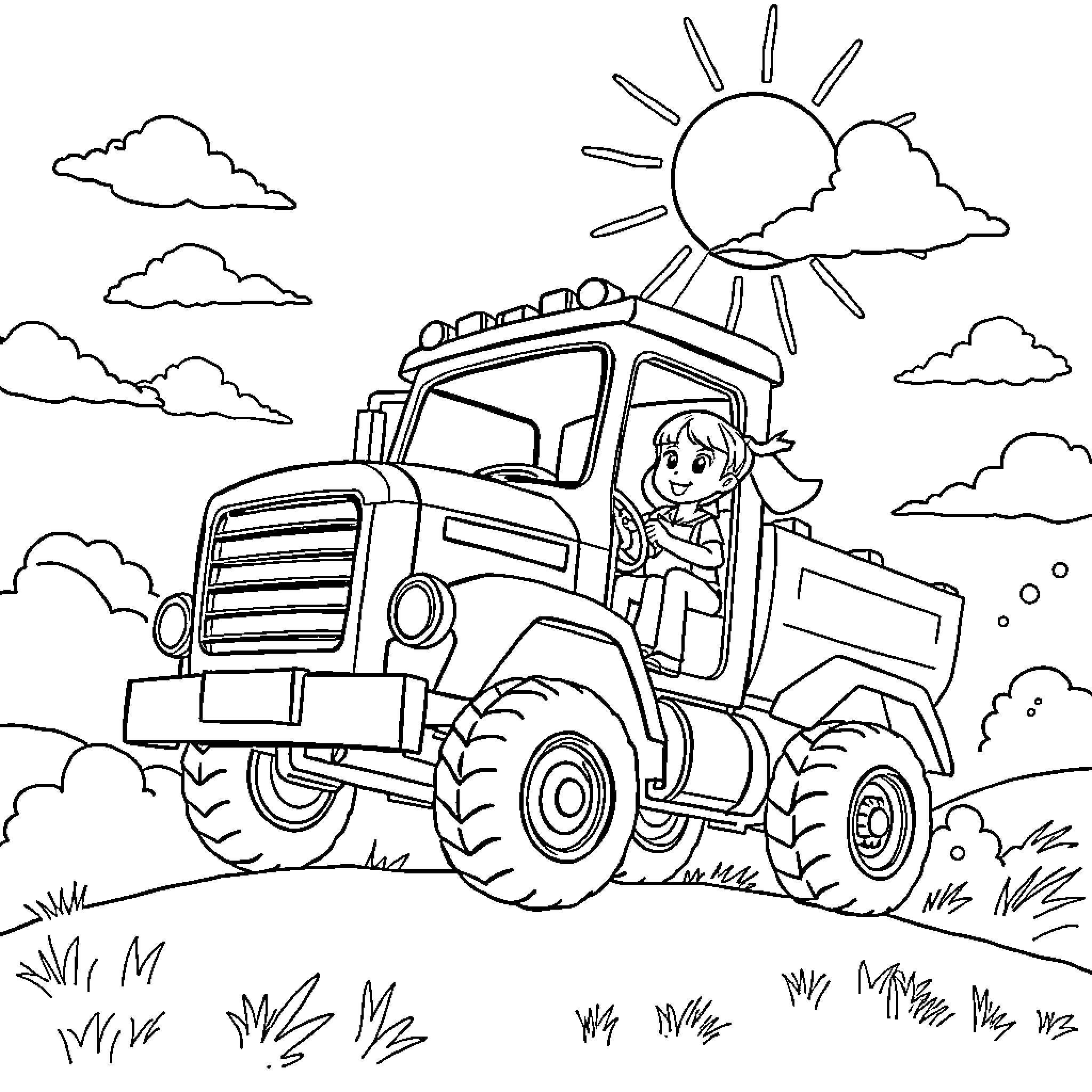 Camioneta transports cheerful driver through countryside Coloring Page (free black-and-white line drawing printable PDF for all, from beginners to advanced learners, including children, teens, adults, and seniors)