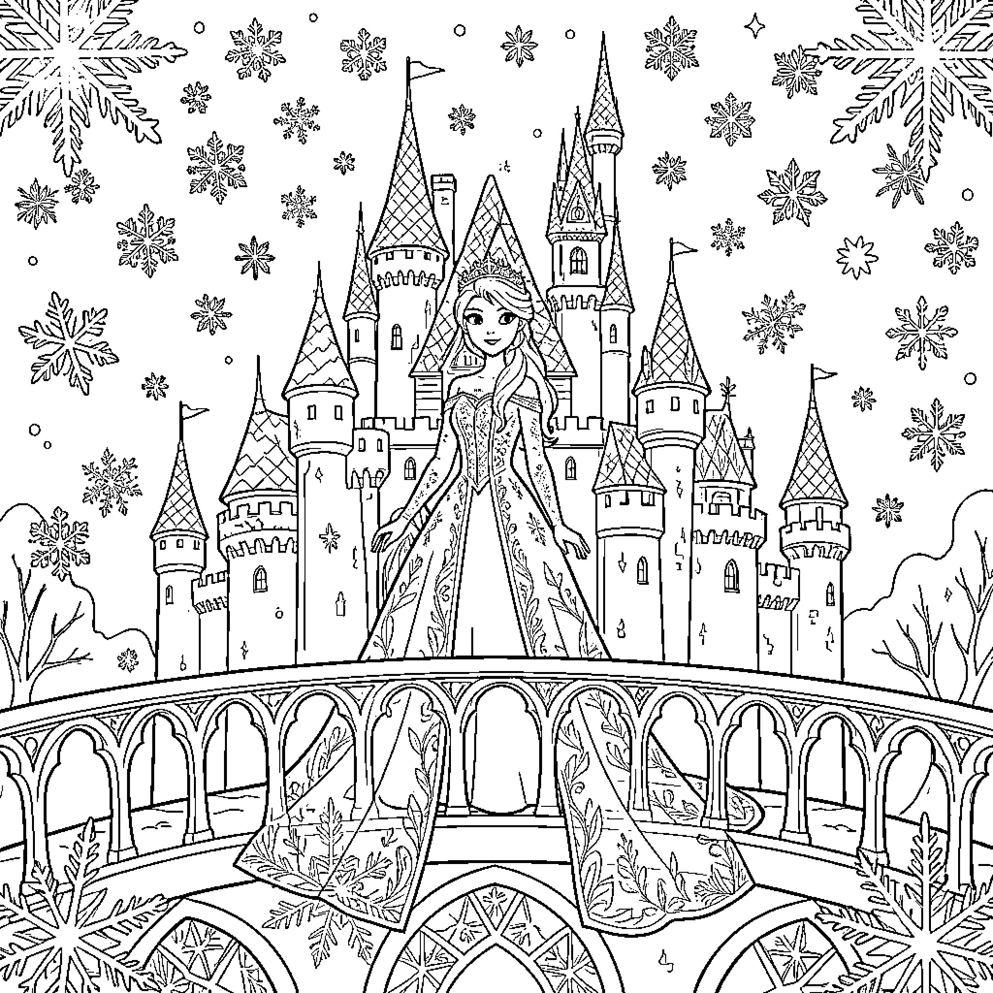 Queen's Winter Palace and Celebration Coloring Page (free black-and-white line drawing printable PDF for all, from beginners to advanced learners, including children, teens, adults, and seniors)