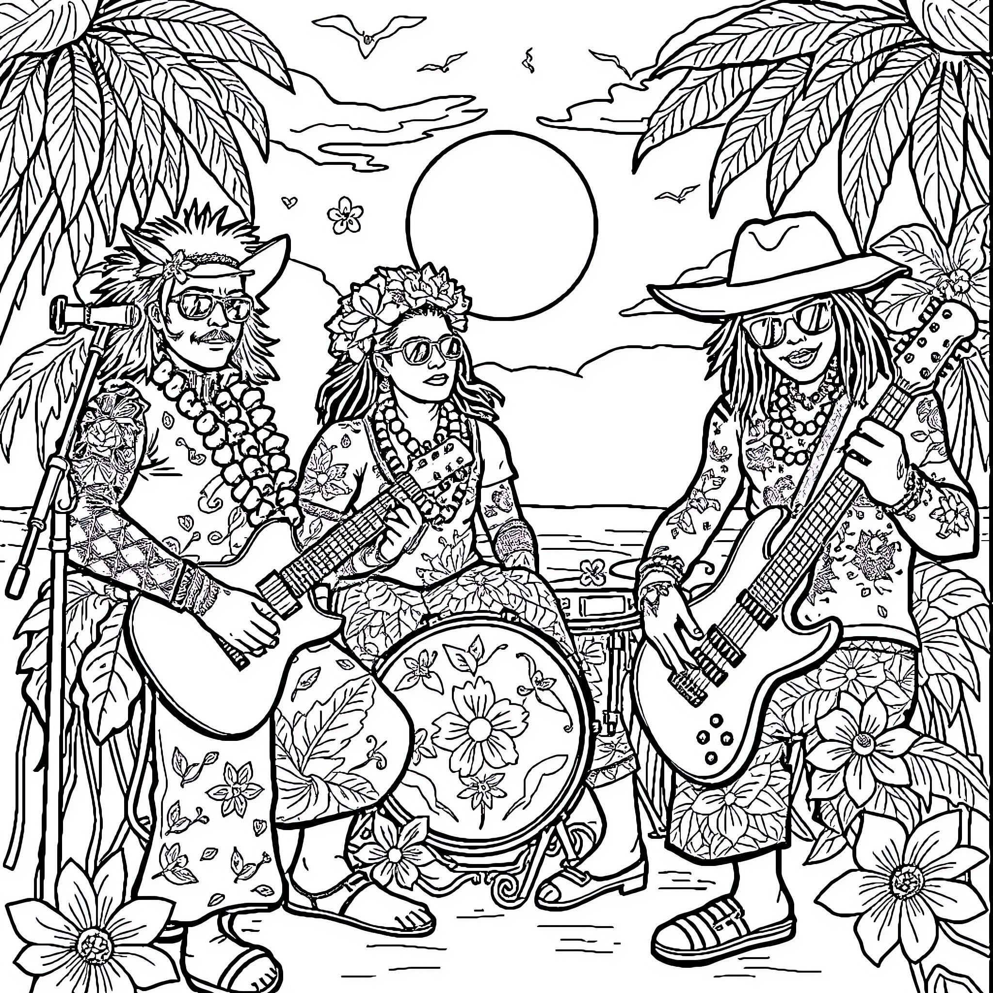 Punk Musicians Performing in Tropical Landscape Coloring Page (free black-and-white line drawing printable PDF for all, from beginners to advanced learners, including children, teens, adults, and seniors)