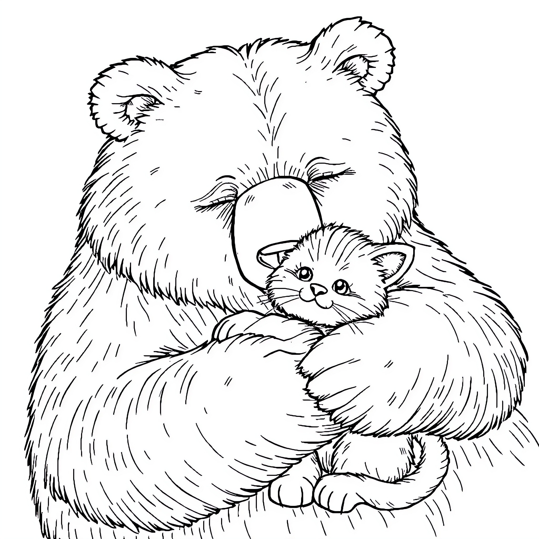 Bear comforting a small furry creature Coloring Page (free black-and-white line drawing printable PDF for all, from beginners to advanced learners, including children, teens, adults, and seniors)