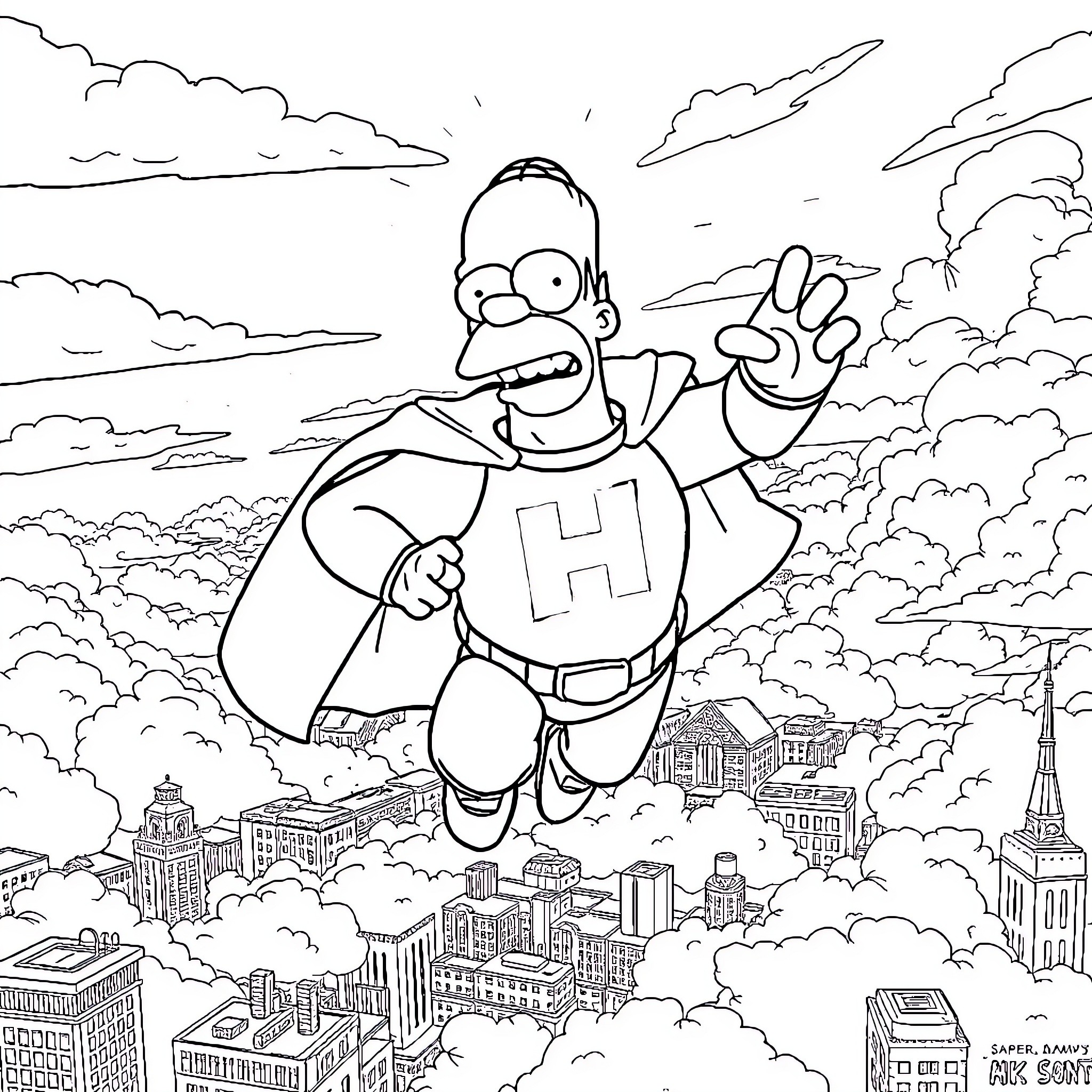 Homer soaring over the city with his iconic hand gesture Coloring Page (free black-and-white line drawing printable PDF for all, from beginners to advanced learners, including children, teens, adults, and seniors)