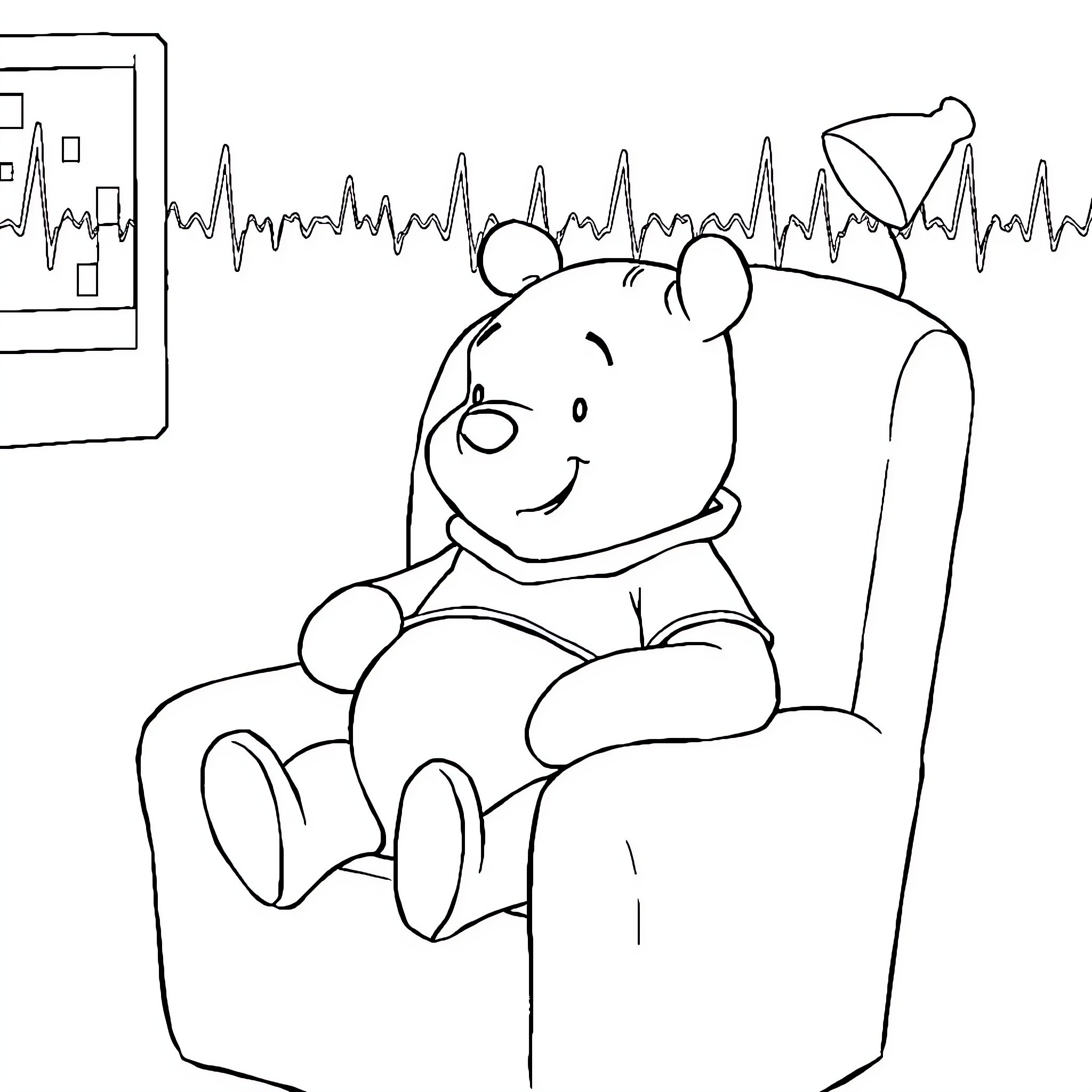 Winnie The Pooh relaxing in a chair Coloring Page (free black-and-white line drawing printable PDF for all, from beginners to advanced learners, including children, teens, adults, and seniors)