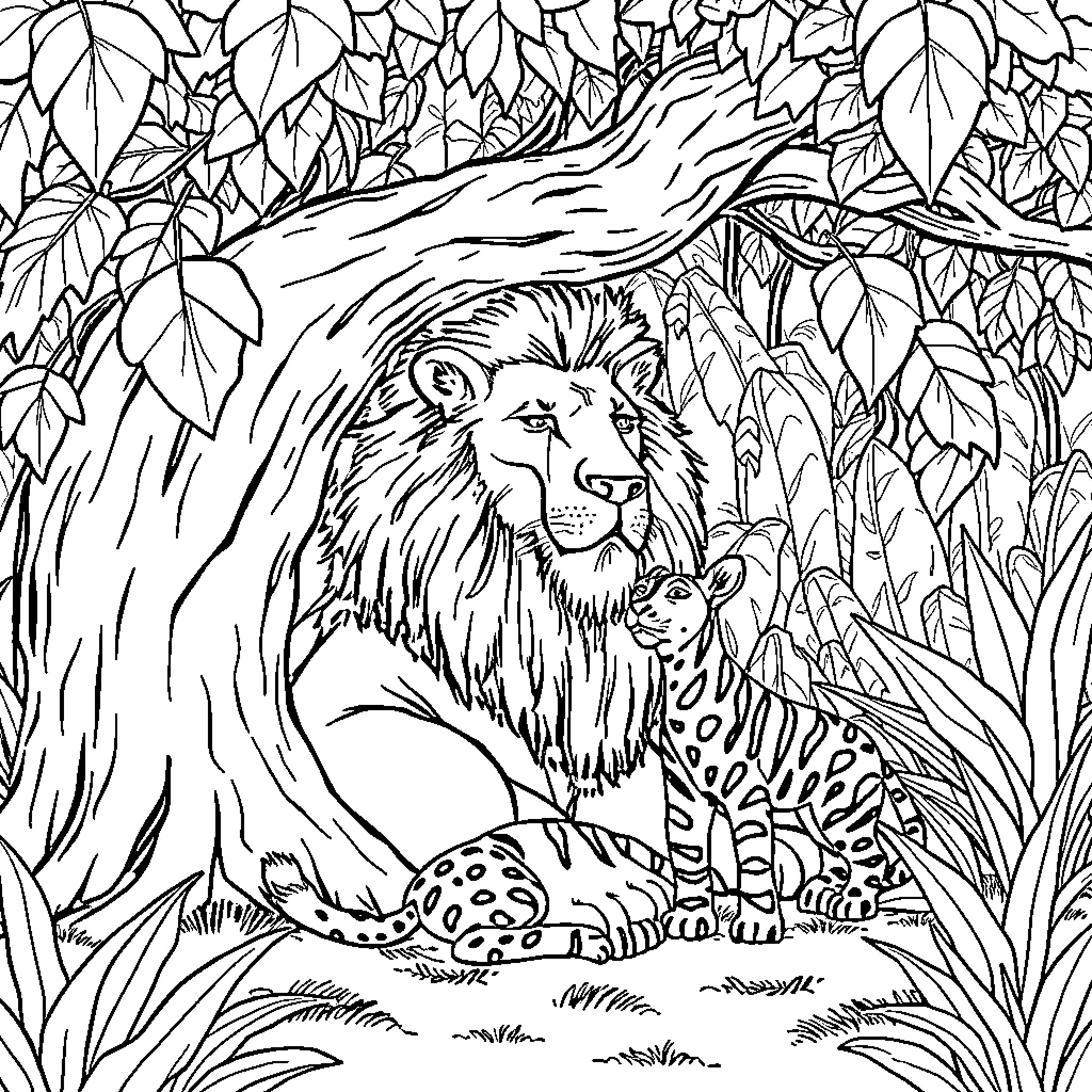 Lion resting in the jungle foliage Coloring Page (free black-and-white line drawing printable PDF for all, from beginners to advanced learners, including children, teens, adults, and seniors)