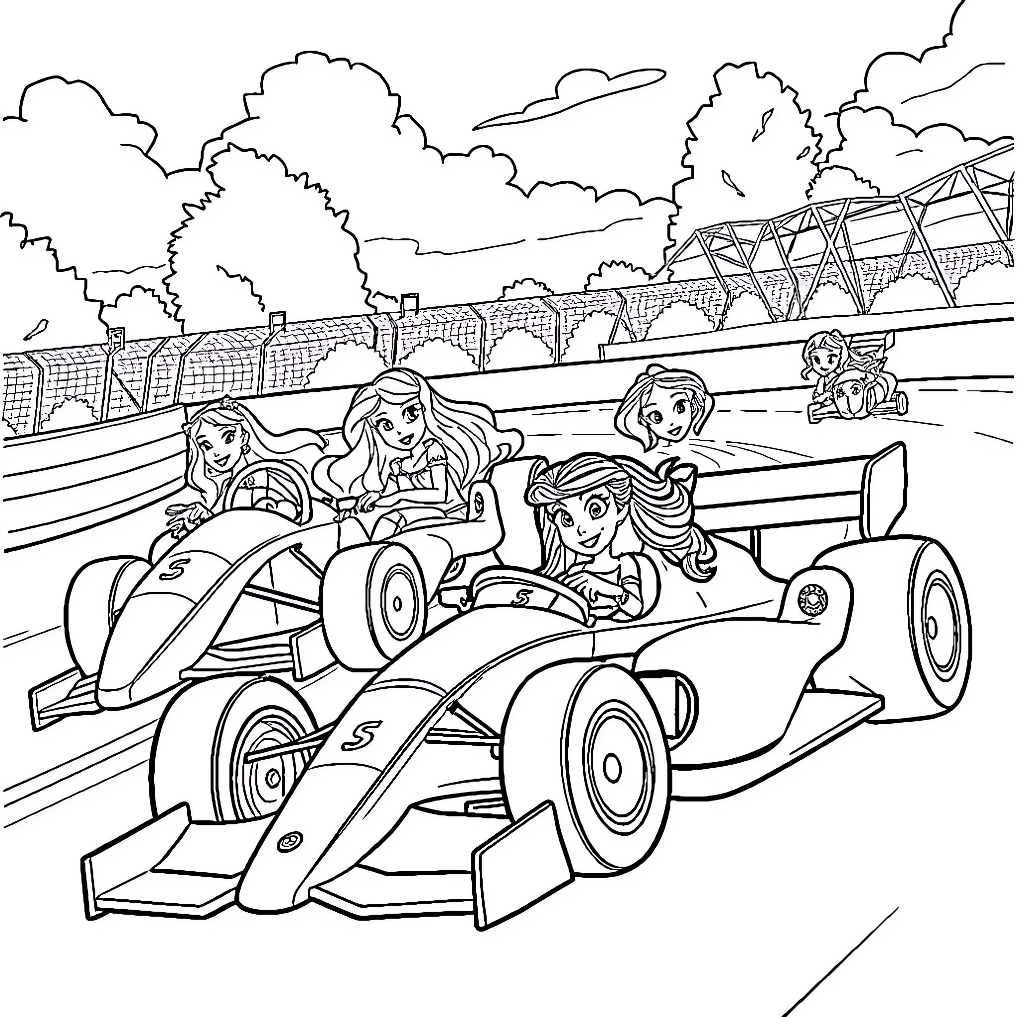 Disney Princesses Racing in Futuristic Vehicles Coloring Page (free black-and-white line drawing printable PDF for all, from beginners to advanced learners, including children, teens, adults, and seniors)