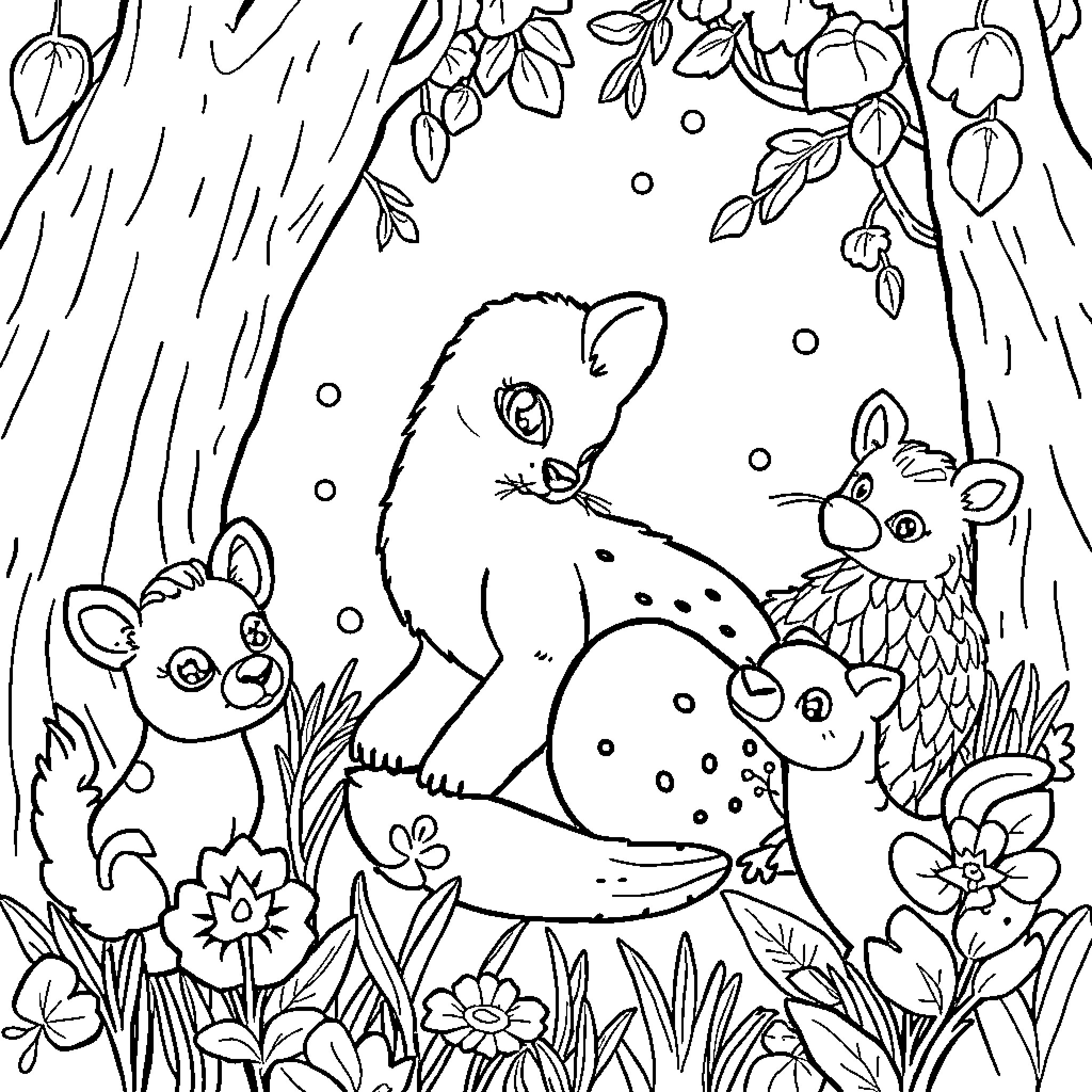 Hare and friends in a whimsical forest scene Coloring Page (free black-and-white line drawing printable PDF for all, from beginners to advanced learners, including children, teens, adults, and seniors)