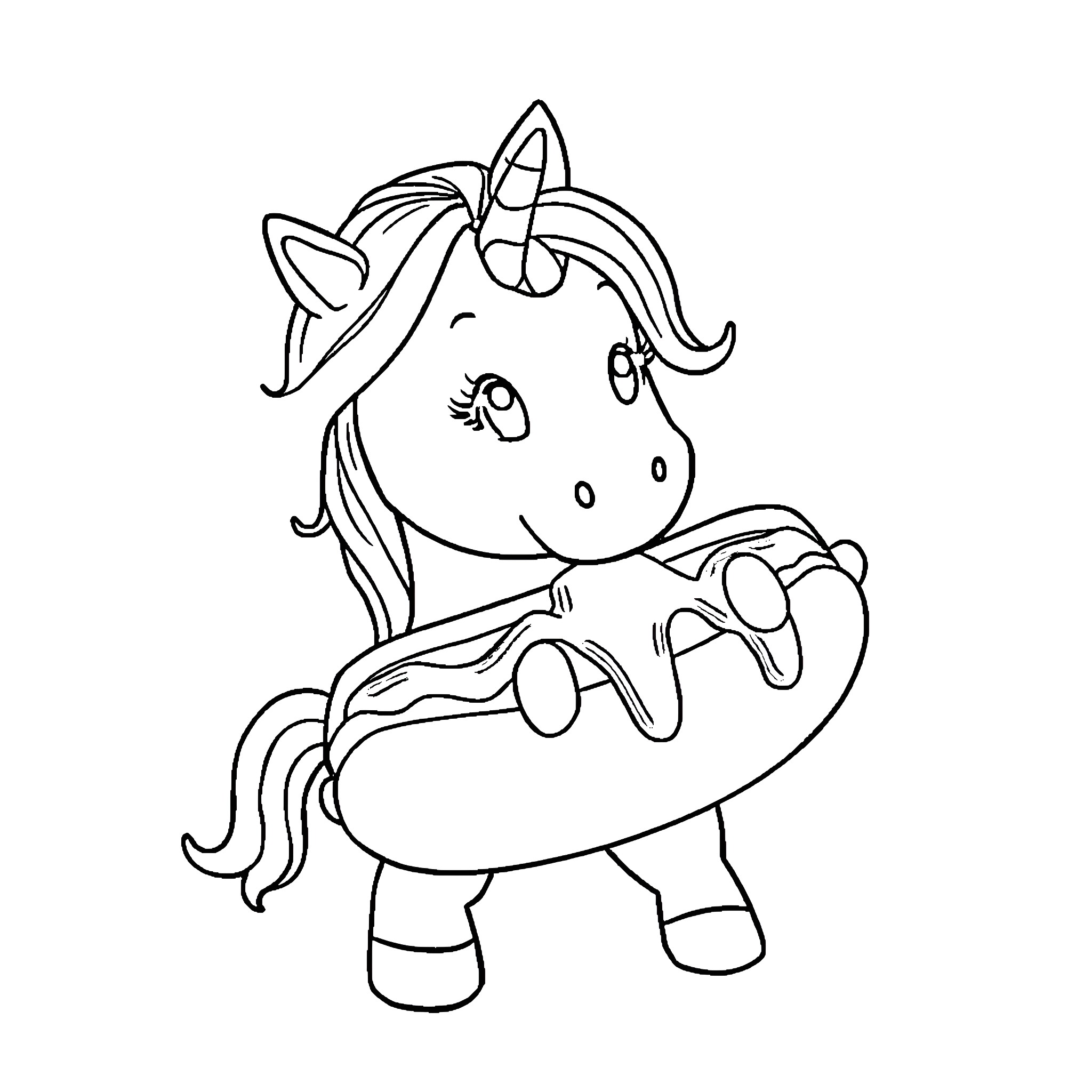 Unicorn enjoying a summer float Coloring Page (free black-and-white line drawing printable PDF for all, from beginners to advanced learners, including children, teens, adults, and seniors)