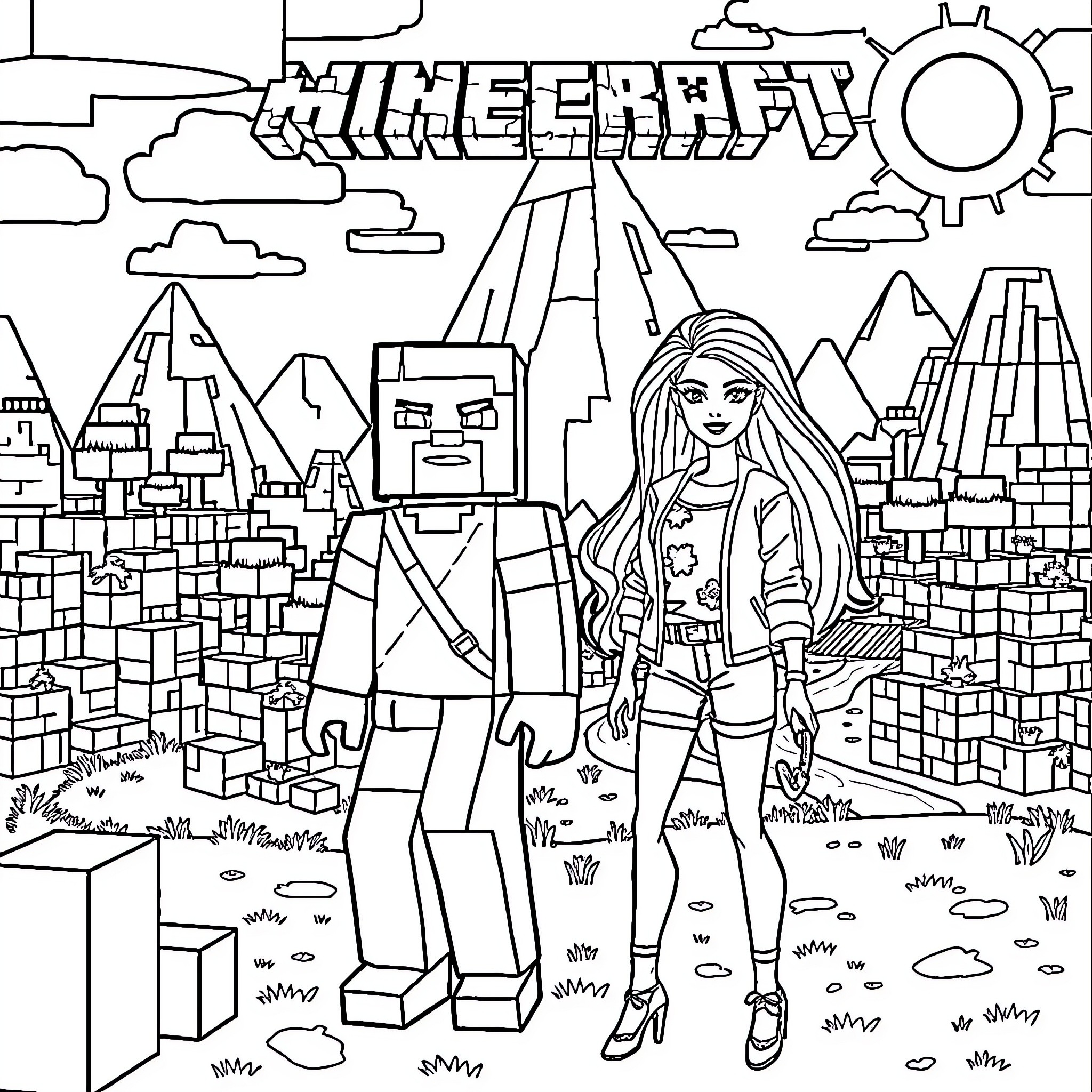 Minecraft Characters Exploring the Blocky Landscape Coloring Page (free black-and-white line drawing printable PDF for all, from beginners to advanced learners, including children, teens, adults, and seniors)