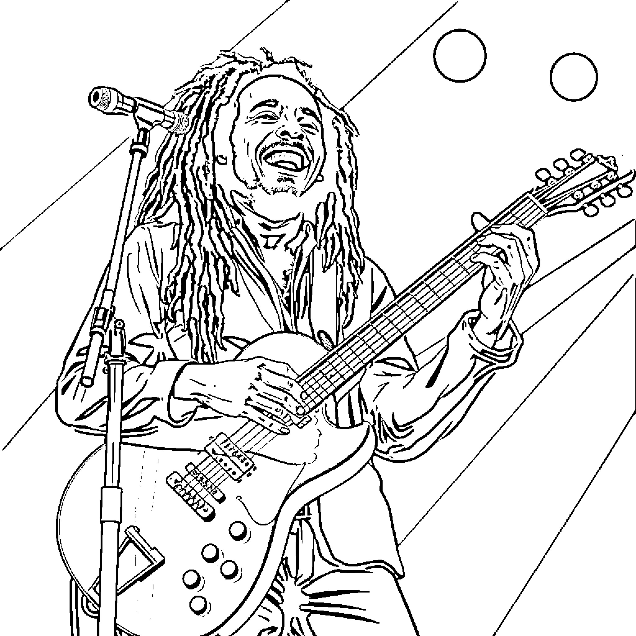 Bob Marley playing guitar on stage Coloring Page (free black-and-white line drawing printable PDF for all, from beginners to advanced learners, including children, teens, adults, and seniors)