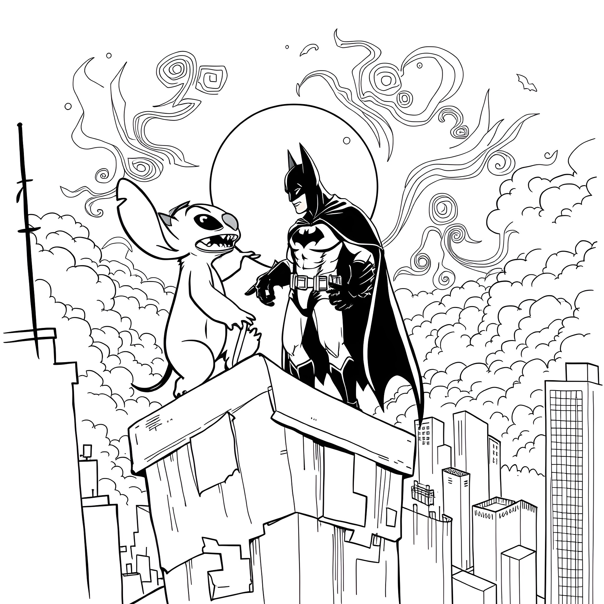 Stitch and Batman Battling over Gotham City Coloring Page (free black-and-white line drawing printable PDF for all, from beginners to advanced learners, including children, teens, adults, and seniors)