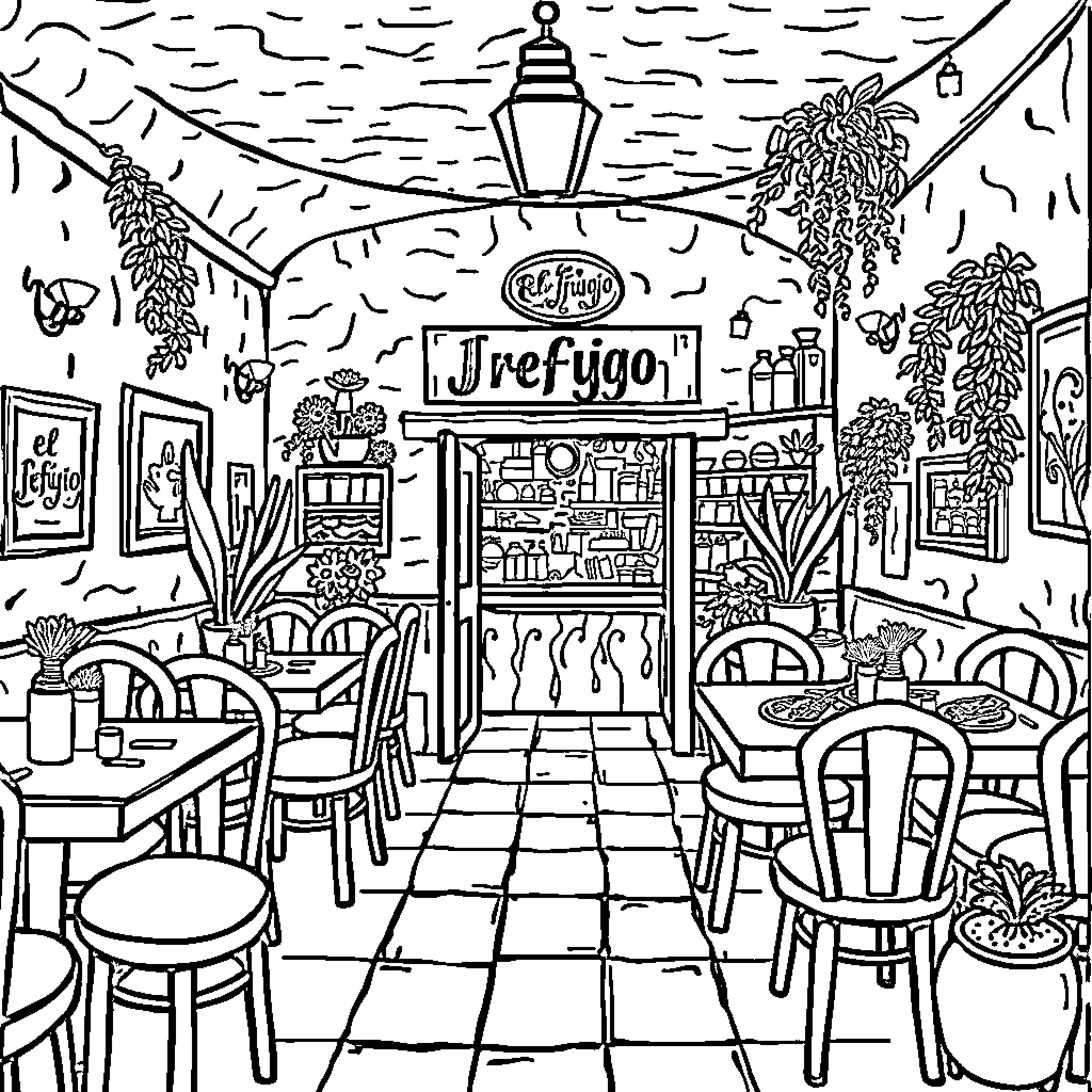 Refuge Cafe: Cozy Dining Scene Coloring Page (free black-and-white line drawing printable PDF for all, from beginners to advanced learners, including children, teens, adults, and seniors)