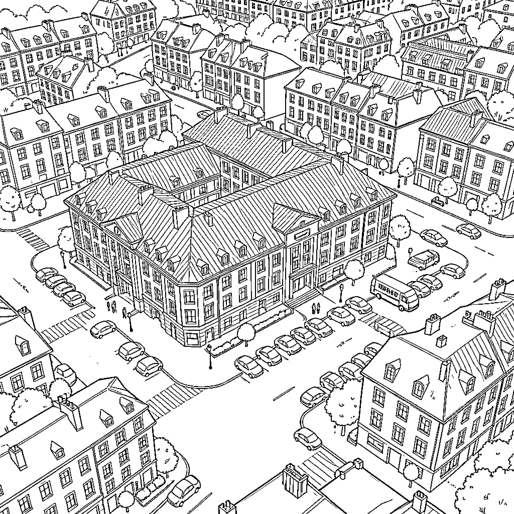 Gendarmerie patrol through a busy town street scene Coloring Page (free black-and-white line drawing printable PDF for all, from beginners to advanced learners, including children, teens, adults, and seniors)
