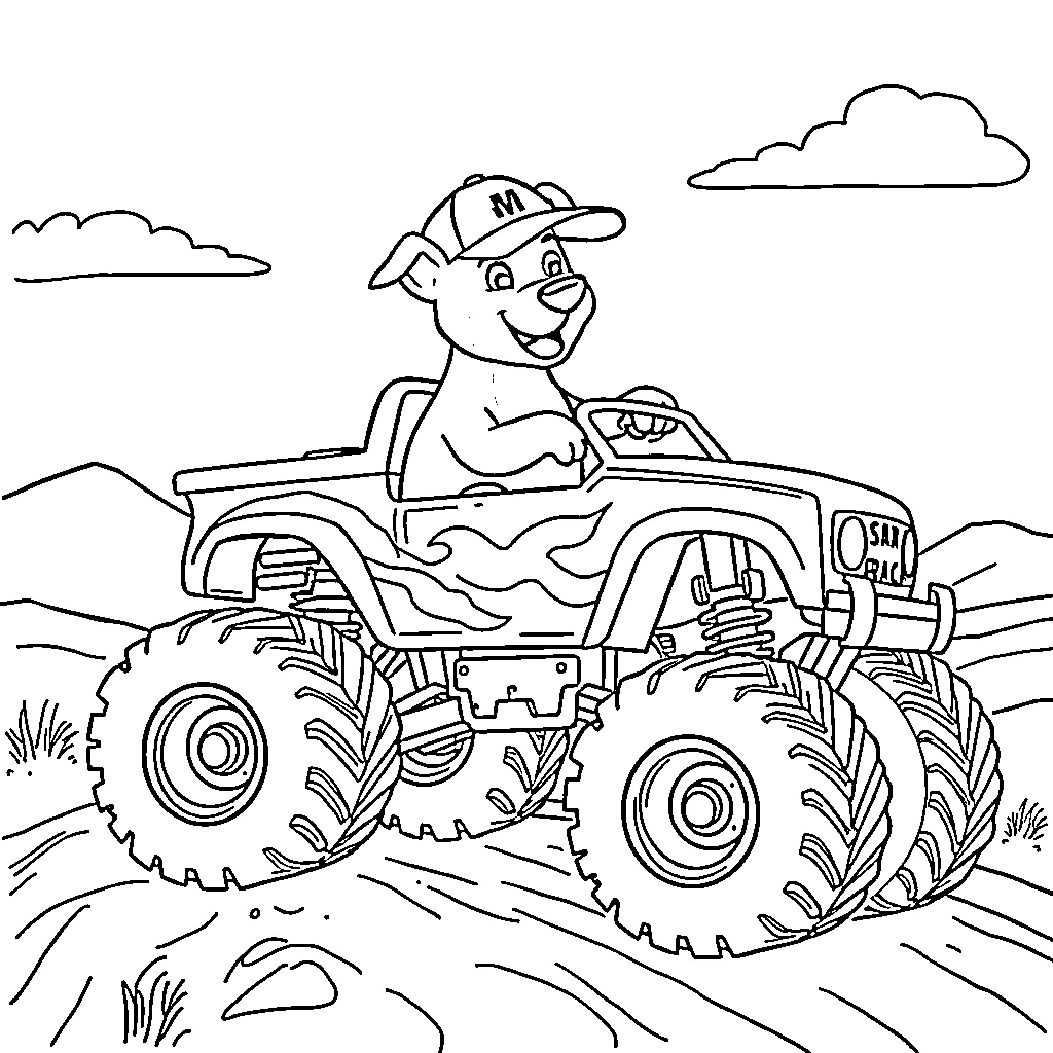 Dog driving a monster truck in the countryside Coloring Page (free black-and-white line drawing printable PDF for all, from beginners to advanced learners, including children, teens, adults, and seniors)