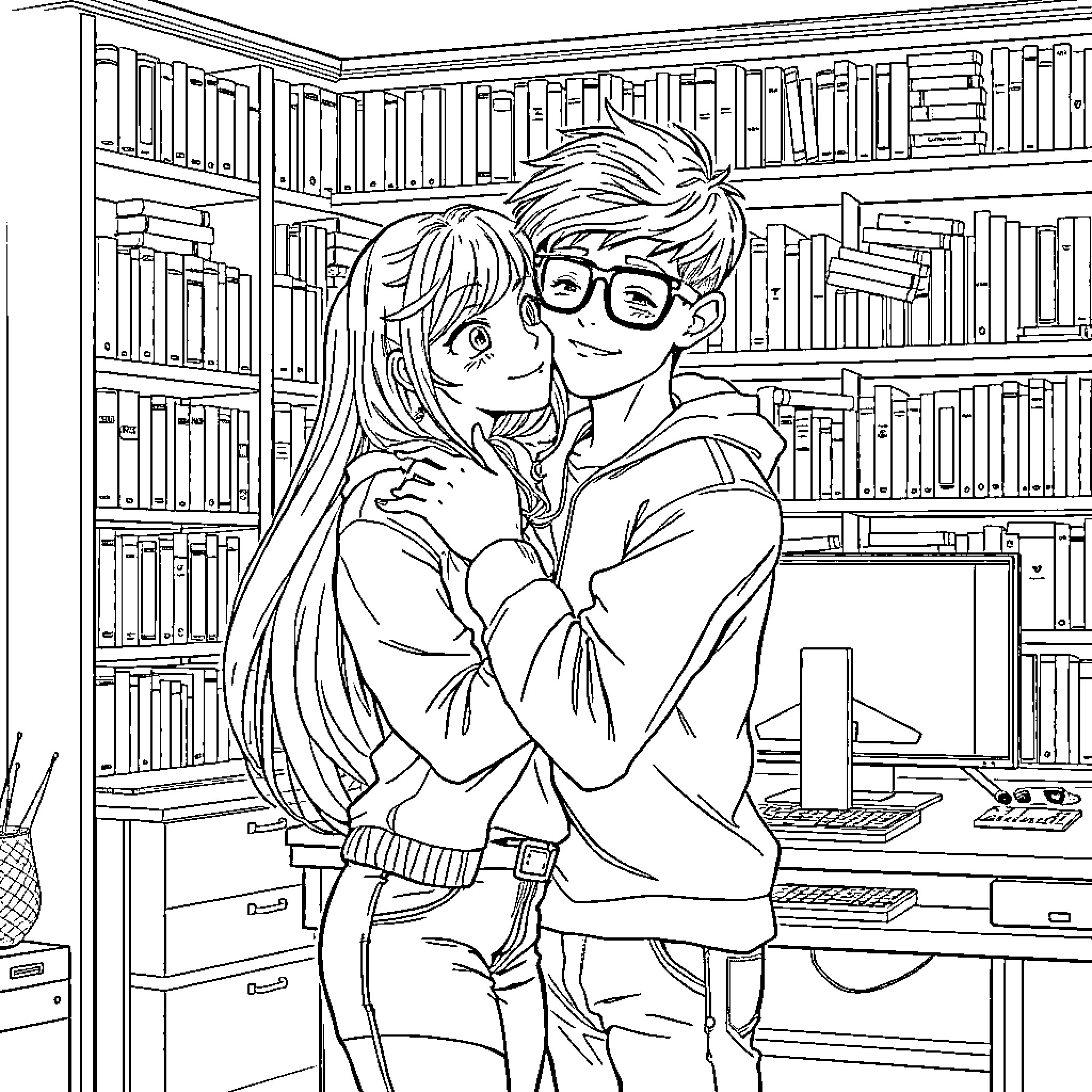 Mädchen in the library studying together Coloring Page (free black-and-white line drawing printable PDF for all, from beginners to advanced learners, including children, teens, adults, and seniors)