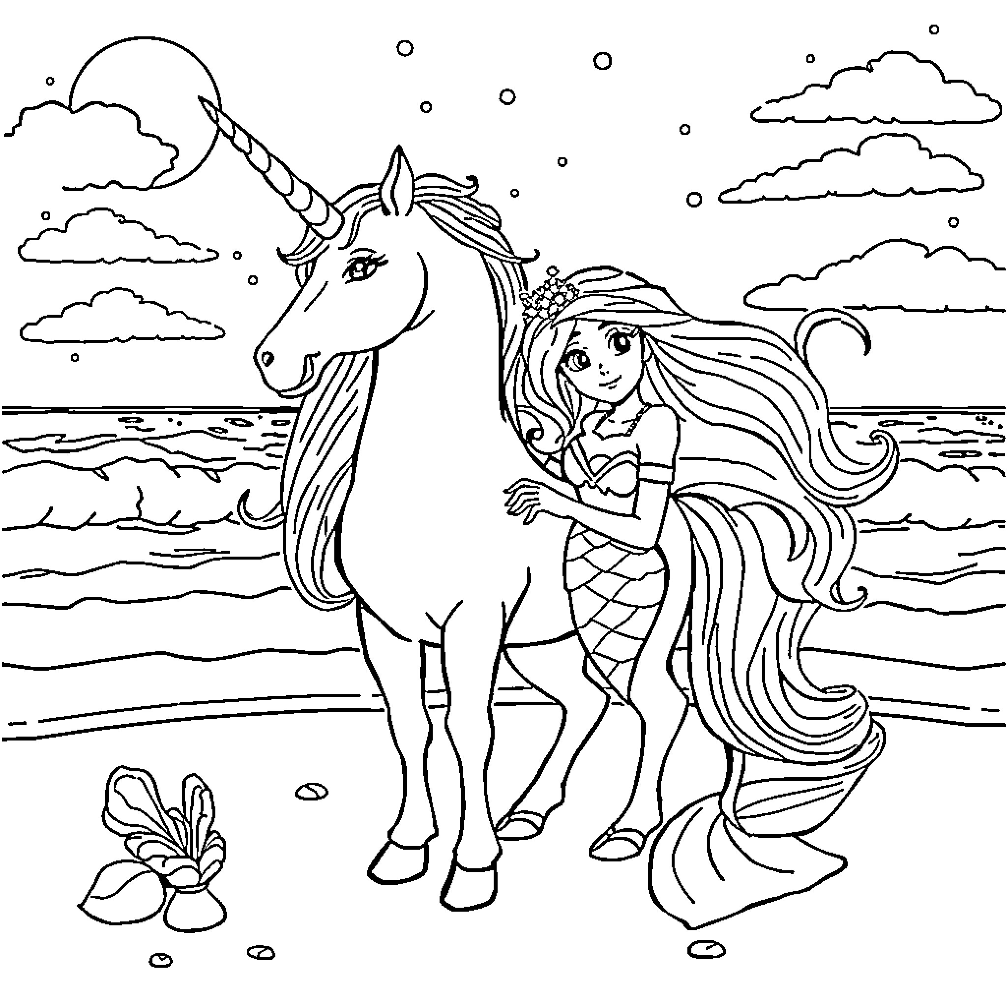 Unicorn and Mermaid Encounter in a Fantastical Seascape Coloring Page (free black-and-white line drawing printable PDF for all, from beginners to advanced learners, including children, teens, adults, and seniors)
