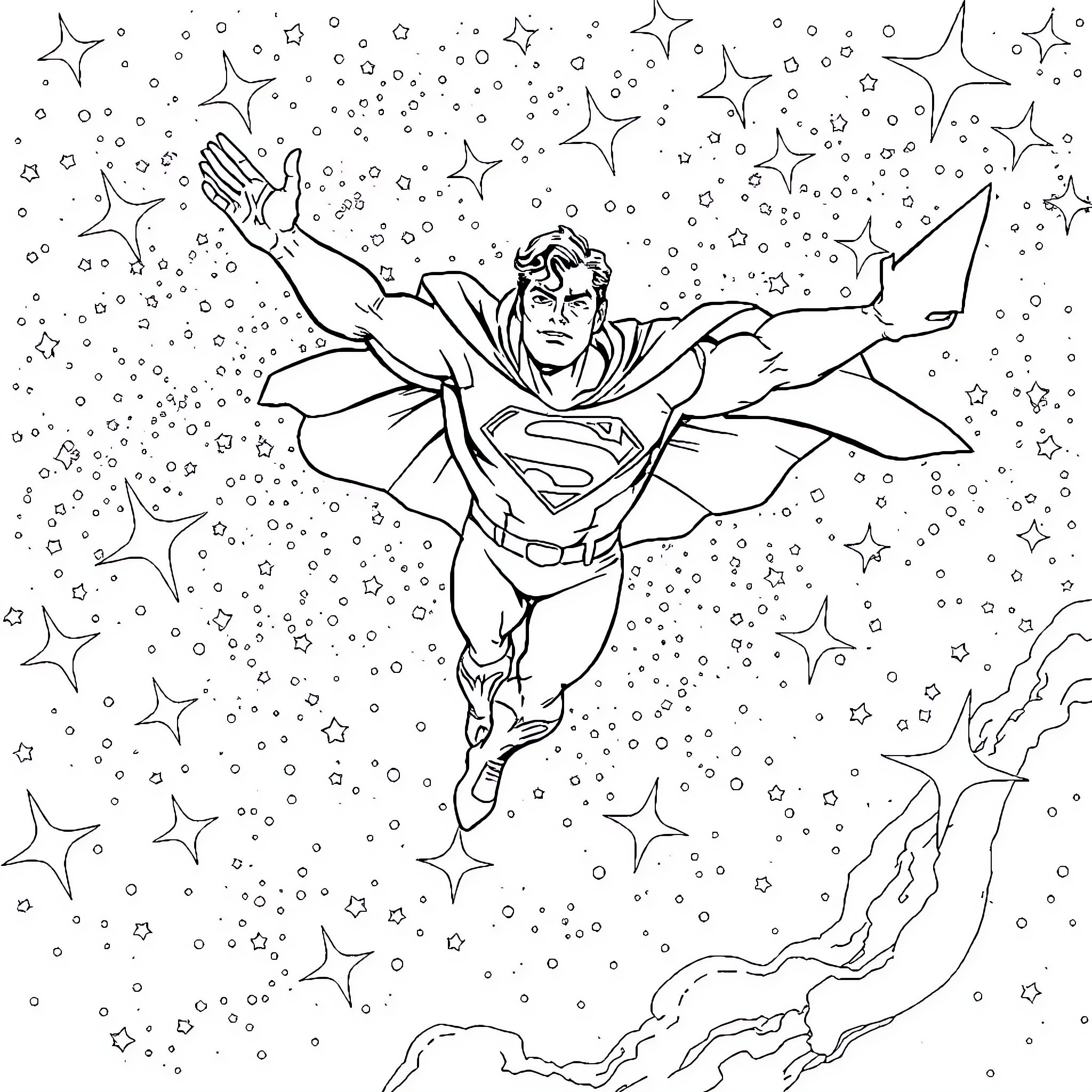 Superman soaring through the cosmic realm Coloring Page (free black-and-white line drawing printable PDF for all, from beginners to advanced learners, including children, teens, adults, and seniors)