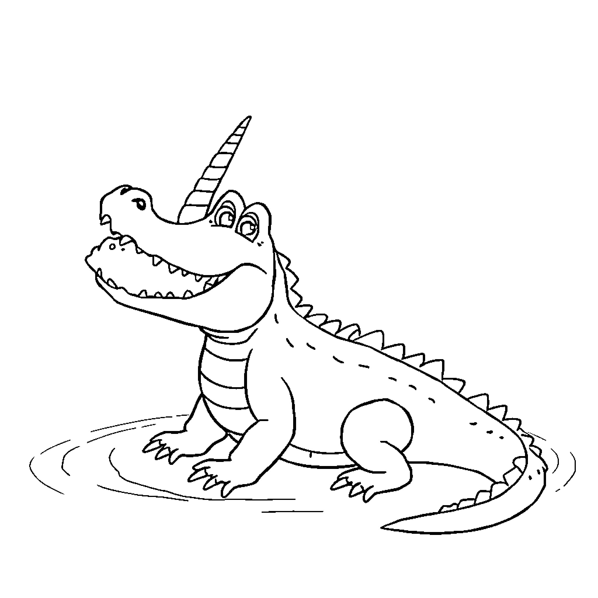 Crocodile with a unicorn horn in the water Coloring Page (free black-and-white line drawing printable PDF for all, from beginners to advanced learners, including children, teens, adults, and seniors)