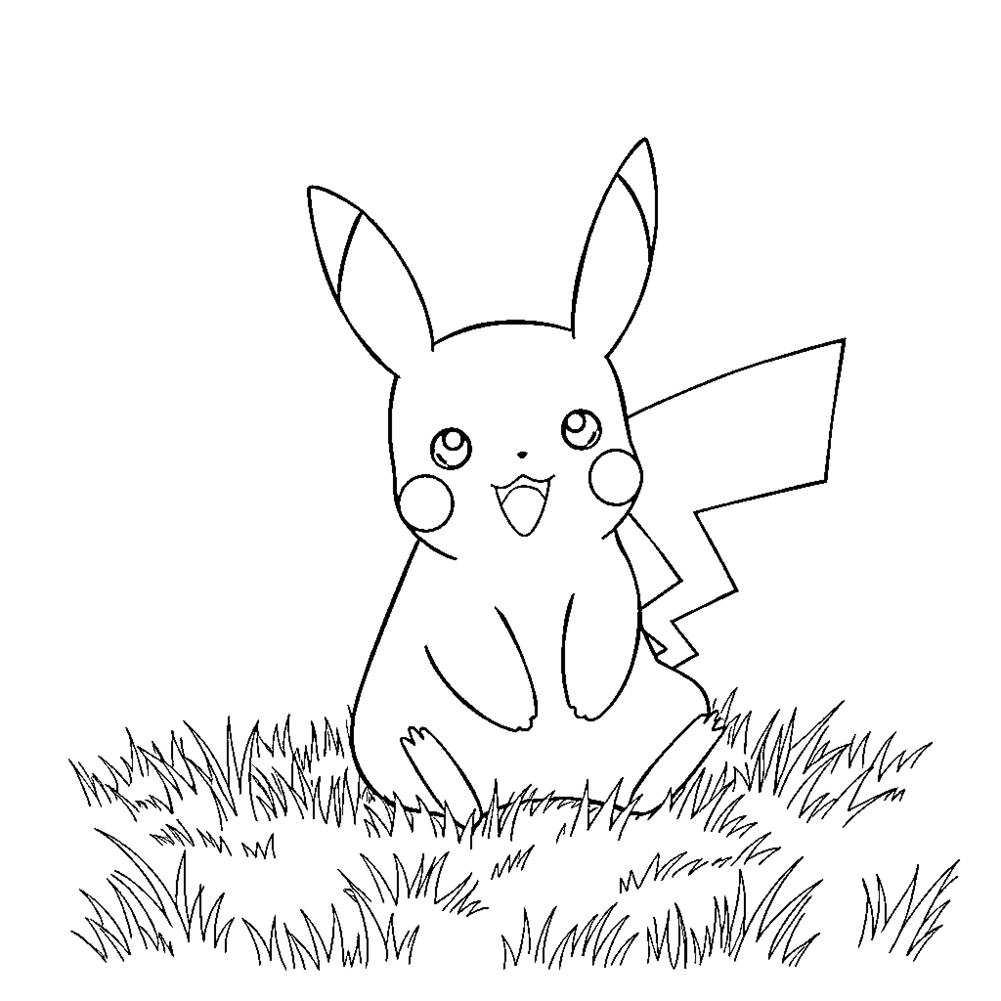 Pikachu playing happily in the grass Coloring Page (free black-and-white line drawing printable PDF for all, from beginners to advanced learners, including children, teens, adults, and seniors)