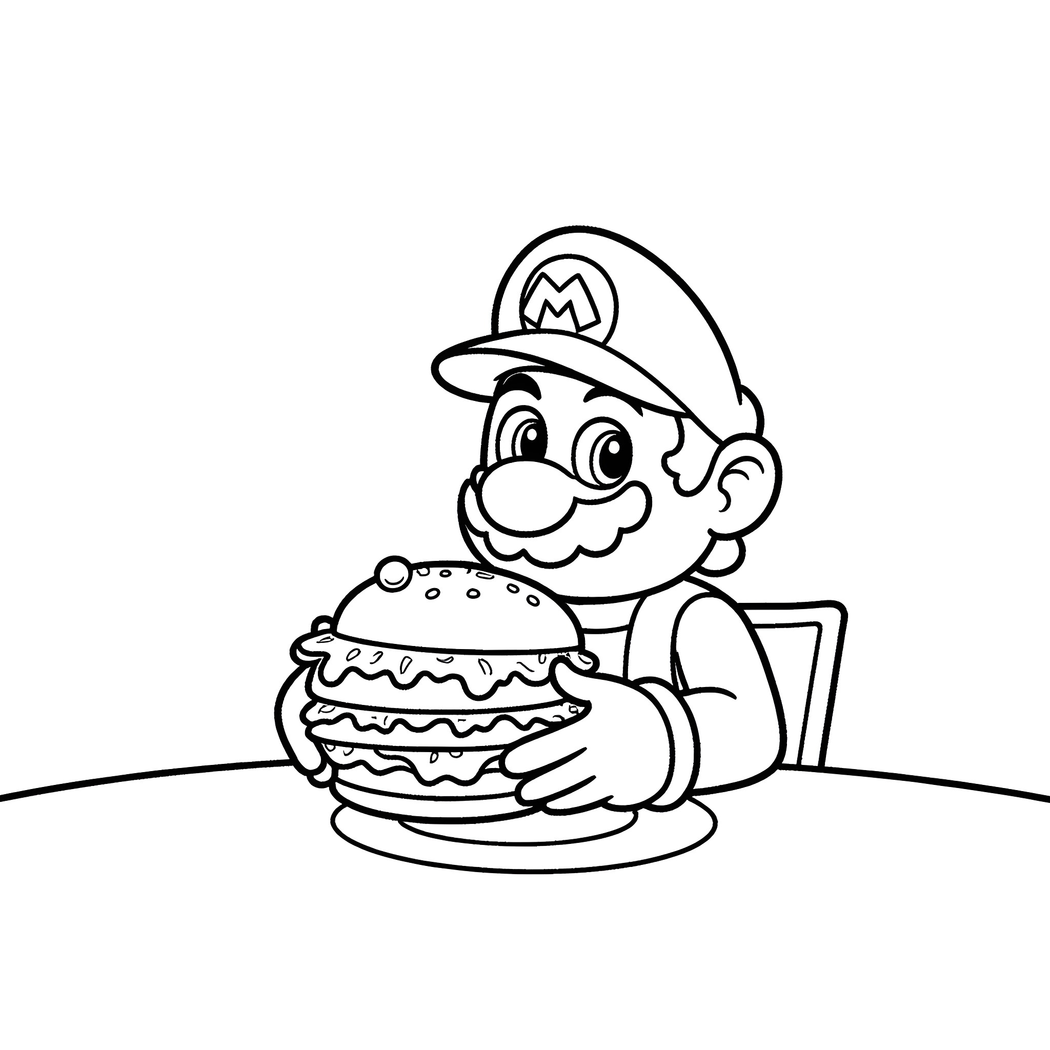 Super Mario enjoying a tasty burger Coloring Page (free black-and-white line drawing printable PDF for all, from beginners to advanced learners, including children, teens, adults, and seniors)