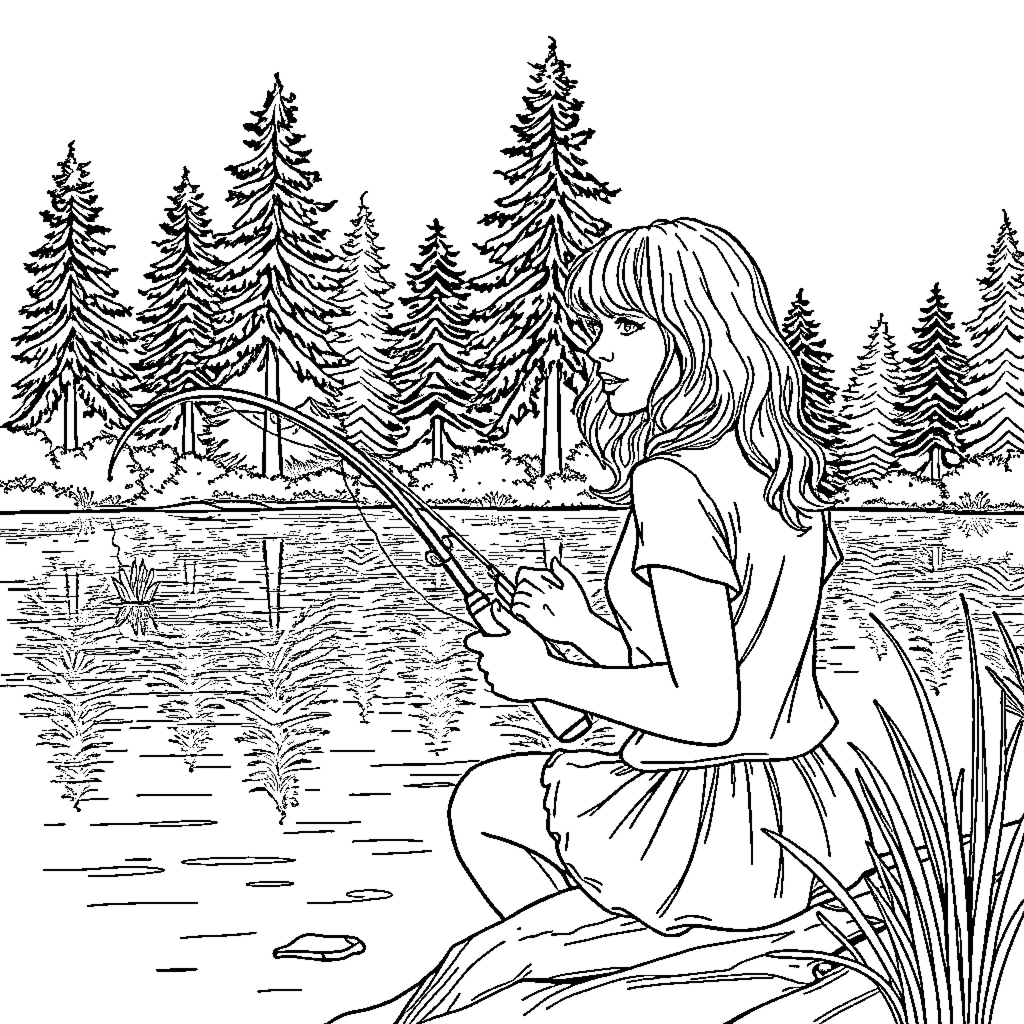 Taylor Swift fishing by the serene forest lake Coloring Page (free black-and-white line drawing printable PDF for all, from beginners to advanced learners, including children, teens, adults, and seniors)