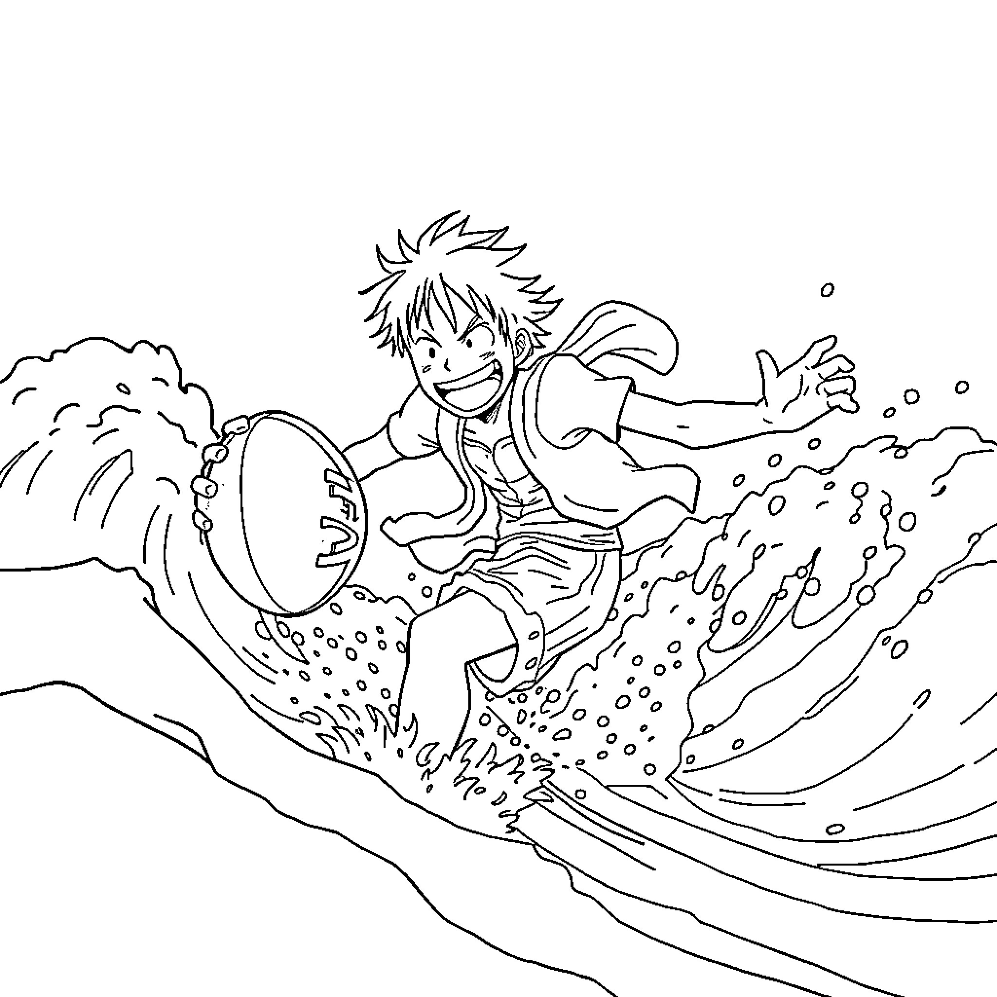 Luffy surfing through the waves Coloring Page (free black-and-white line drawing printable PDF for all, from beginners to advanced learners, including children, teens, adults, and seniors)