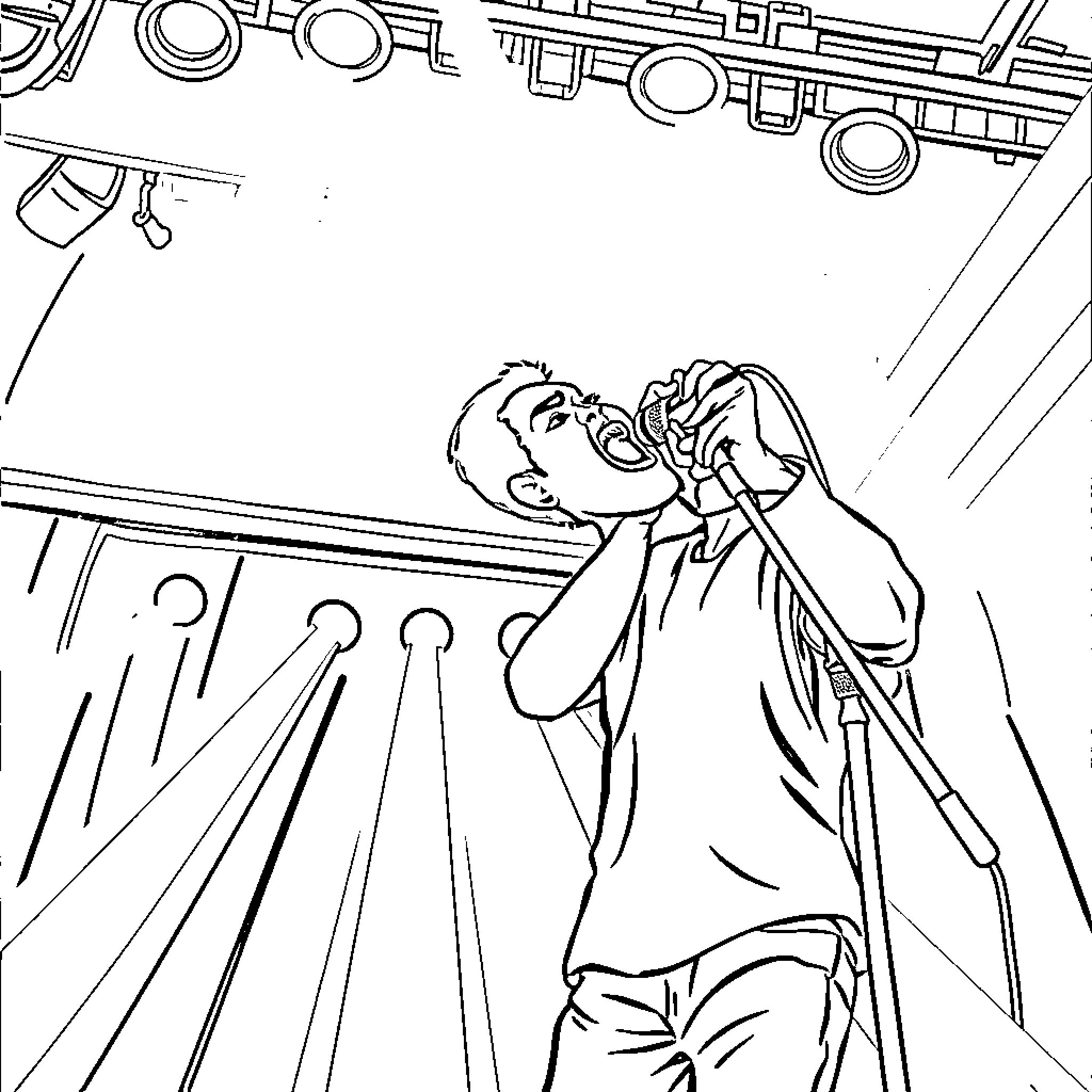 Overt Canela: Musician performing on stage Coloring Page (free black-and-white line drawing printable PDF for all, from beginners to advanced learners, including children, teens, adults, and seniors)