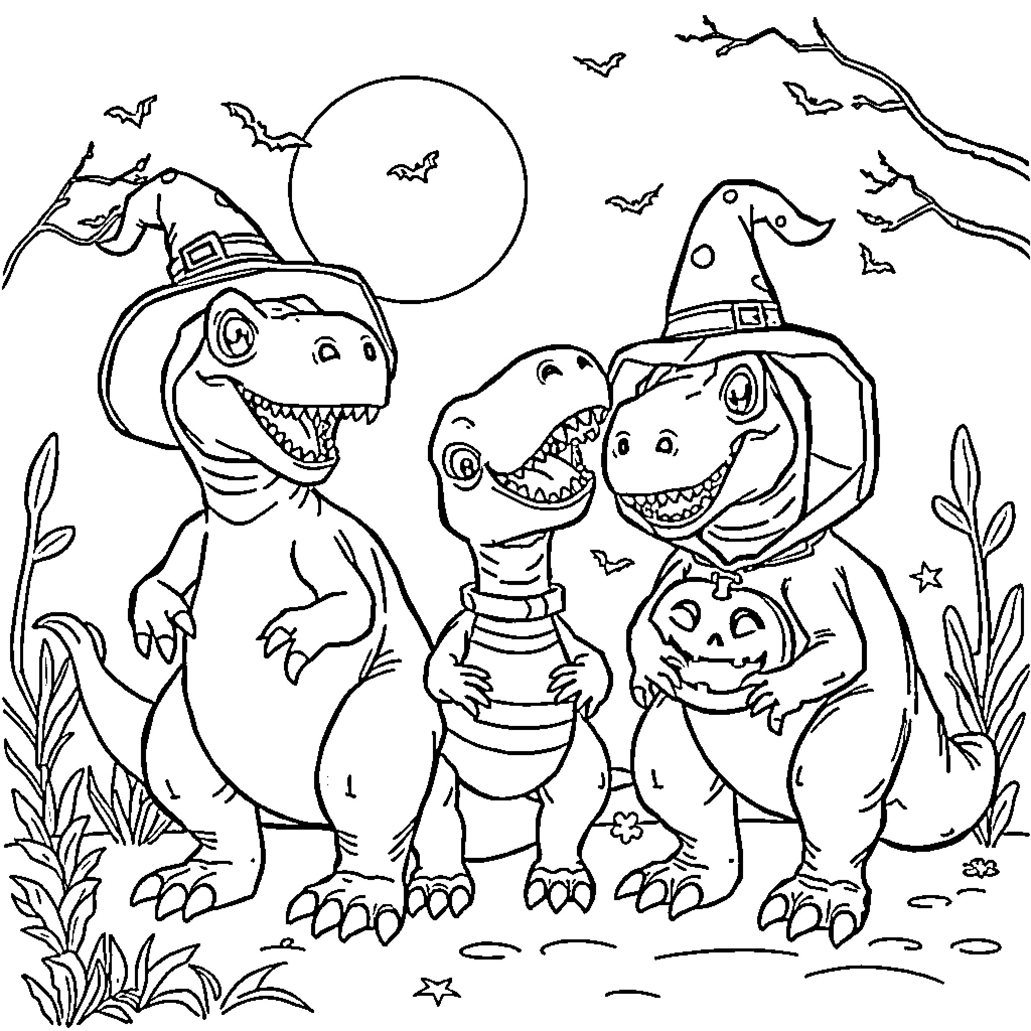 Dinosaurs Celebrating Halloween in the Night Coloring Page (free black-and-white line drawing printable PDF for all, from beginners to advanced learners, including children, teens, adults, and seniors)