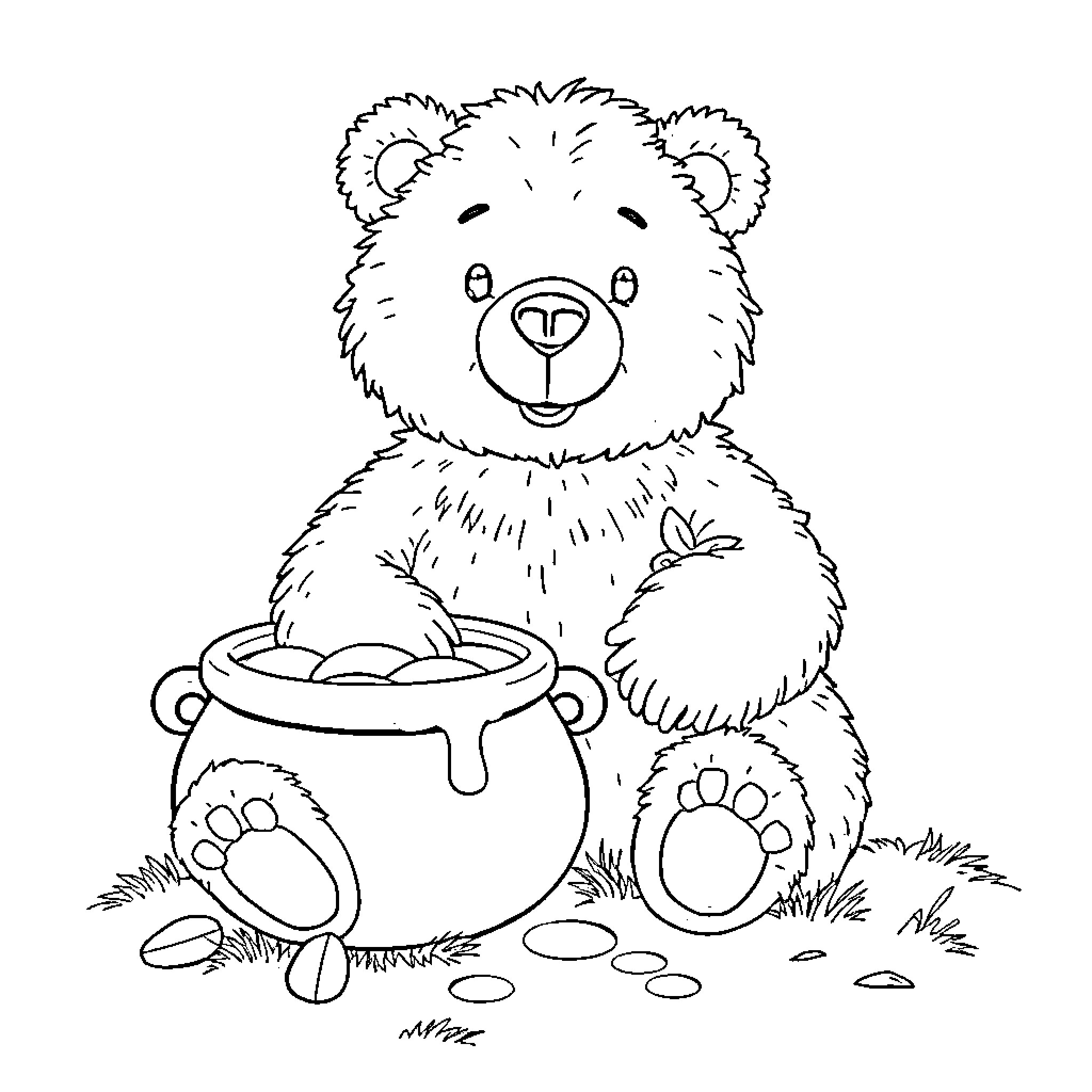 Bear enjoying honey pot in the forest Coloring Page (free black-and-white line drawing printable PDF for all, from beginners to advanced learners, including children, teens, adults, and seniors)