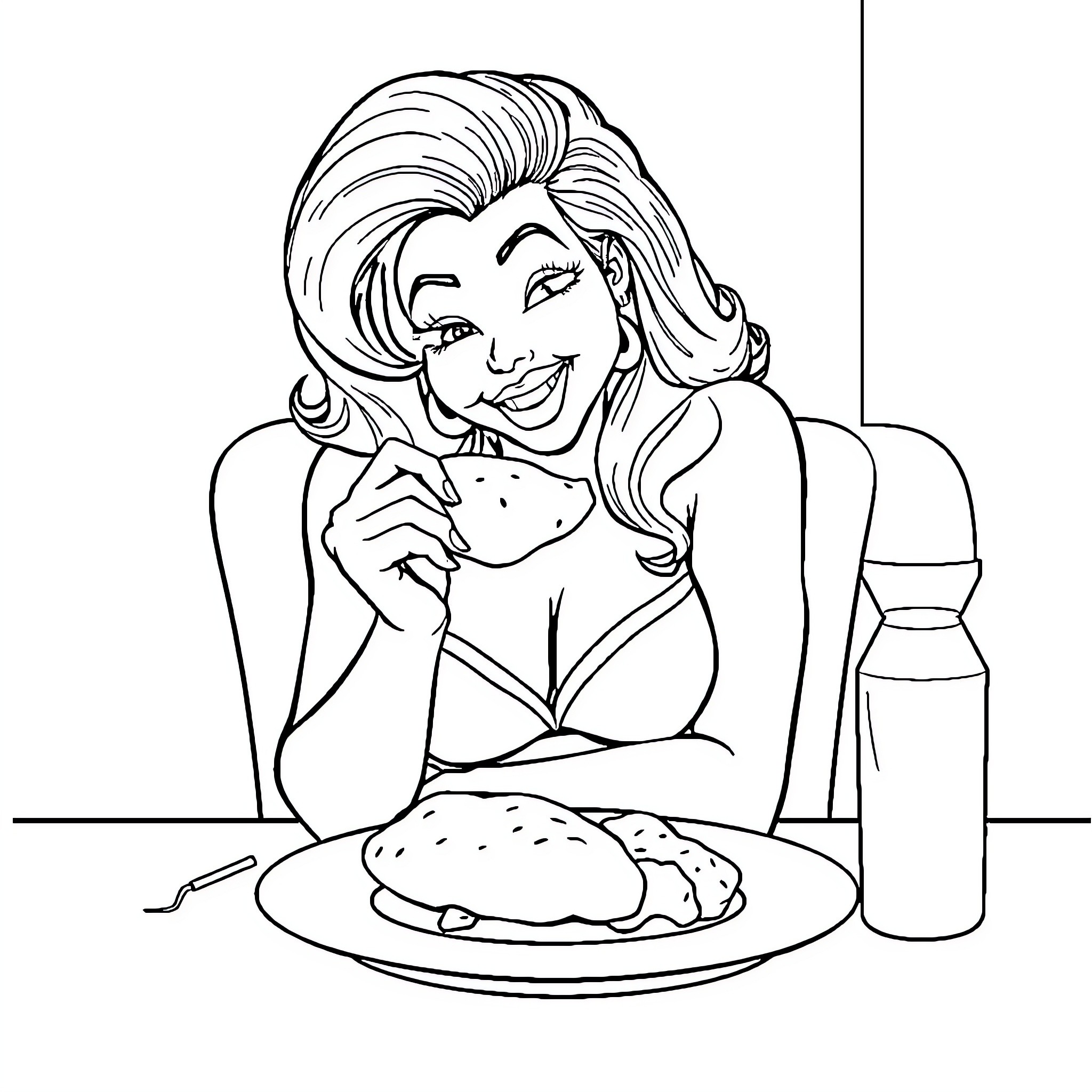 Vanessa Del Rio Enjoying a Meal Coloring Page (free black-and-white line drawing printable PDF for all, from beginners to advanced learners, including children, teens, adults, and seniors)