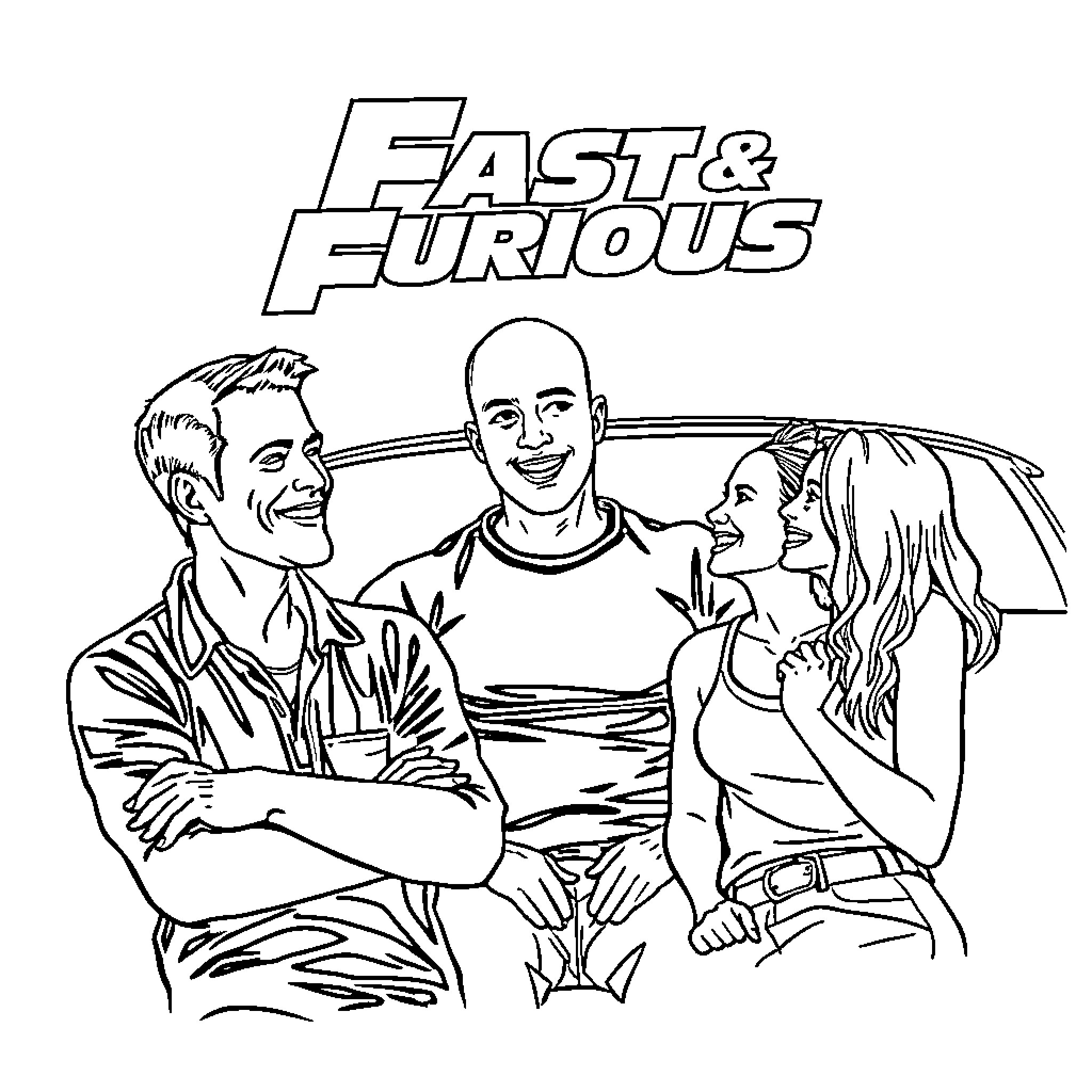 Fast & Furious trio in action movie pose Coloring Page (free black-and-white line drawing printable PDF for all, from beginners to advanced learners, including children, teens, adults, and seniors)