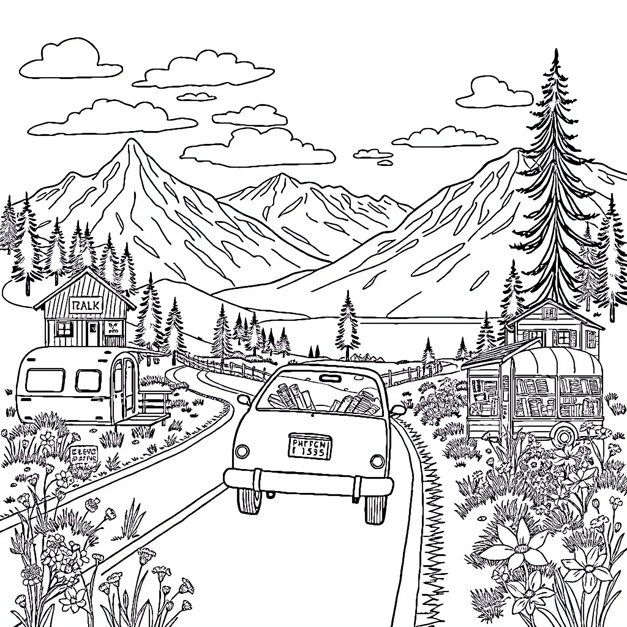 Road Trip through Scenic Mountain Landscape Coloring Page (free black-and-white line drawing printable PDF for all, from beginners to advanced learners, including children, teens, adults, and seniors)