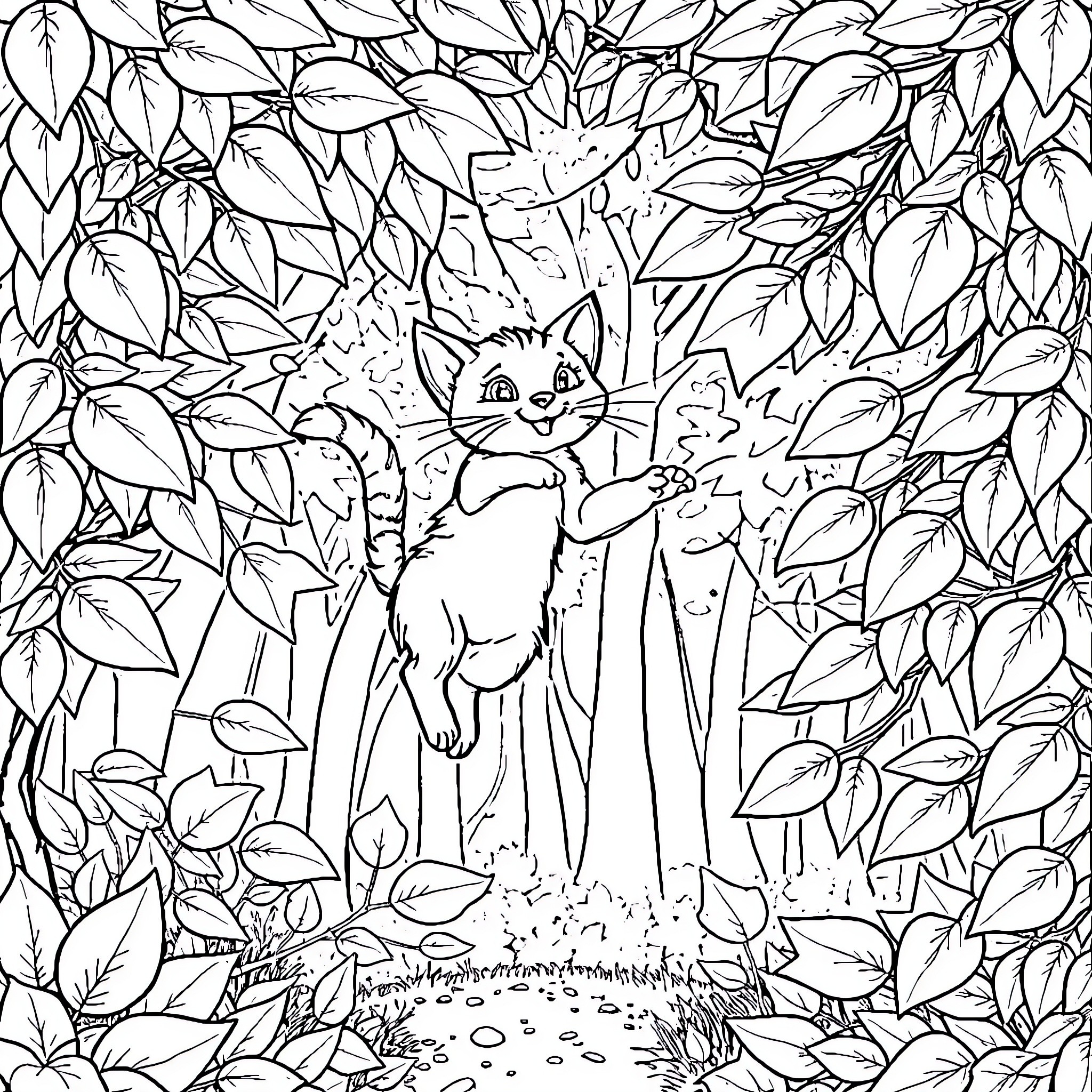 Gato exploring the enchanted forest Coloring Page (free black-and-white line drawing printable PDF for all, from beginners to advanced learners, including children, teens, adults, and seniors)