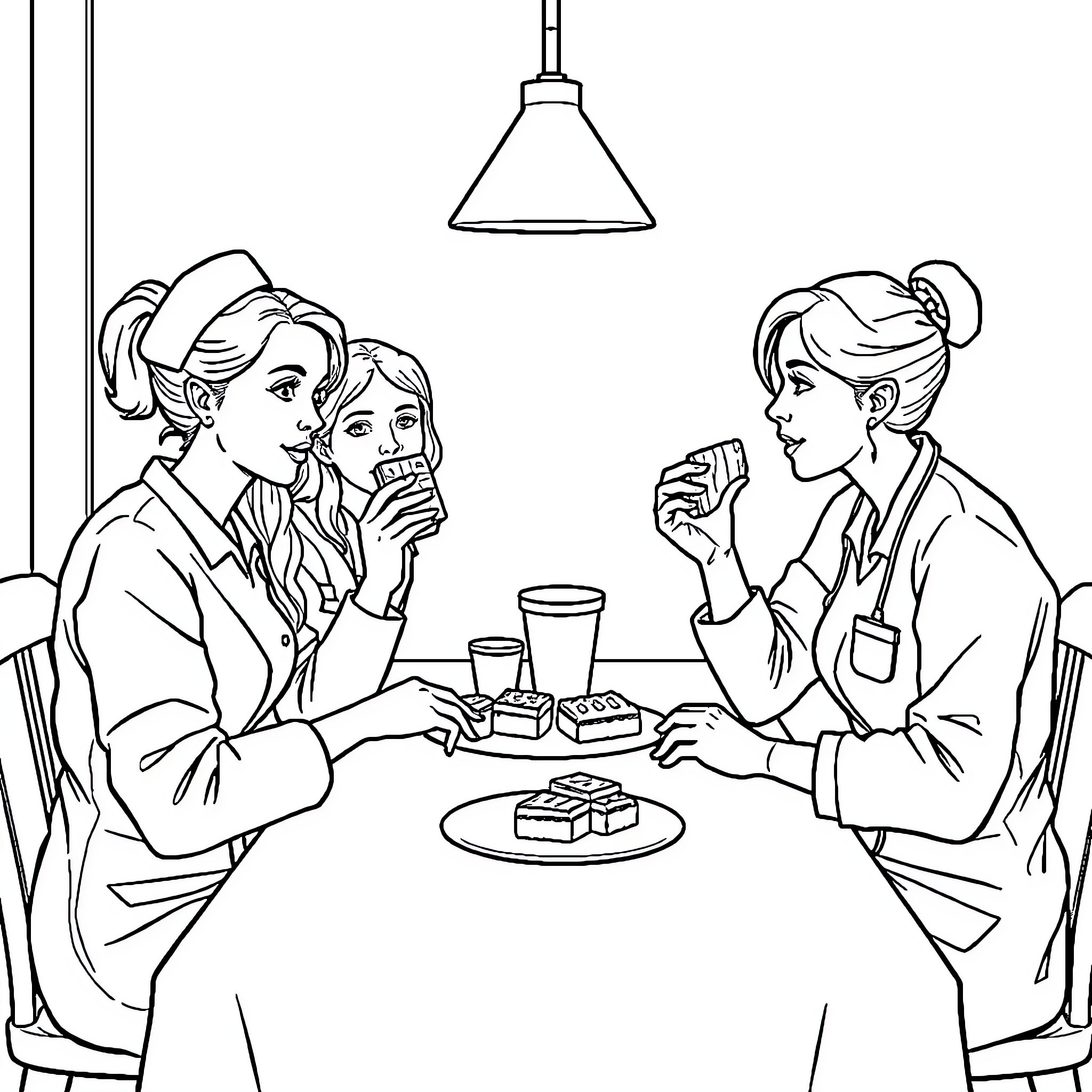 Nurse Colleagues Enjoying Snacks Together Coloring Page (free black-and-white line drawing printable PDF for all, from beginners to advanced learners, including children, teens, adults, and seniors)