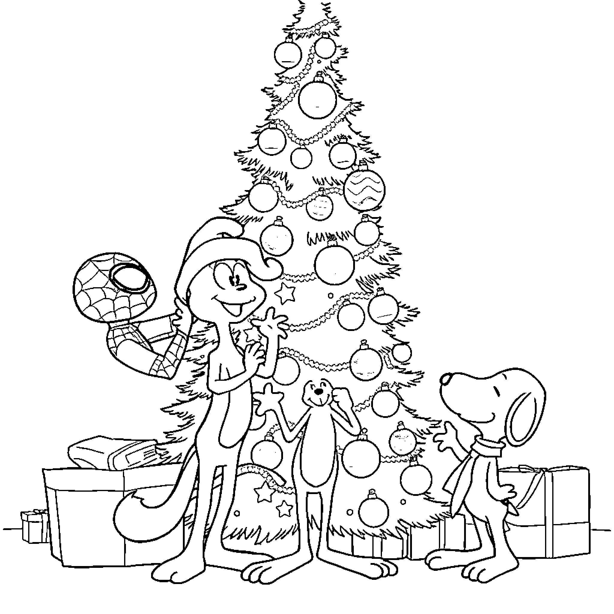 Spiderman decorating Christmas tree with friends Coloring Page (free black-and-white line drawing printable PDF for all, from beginners to advanced learners, including children, teens, adults, and seniors)