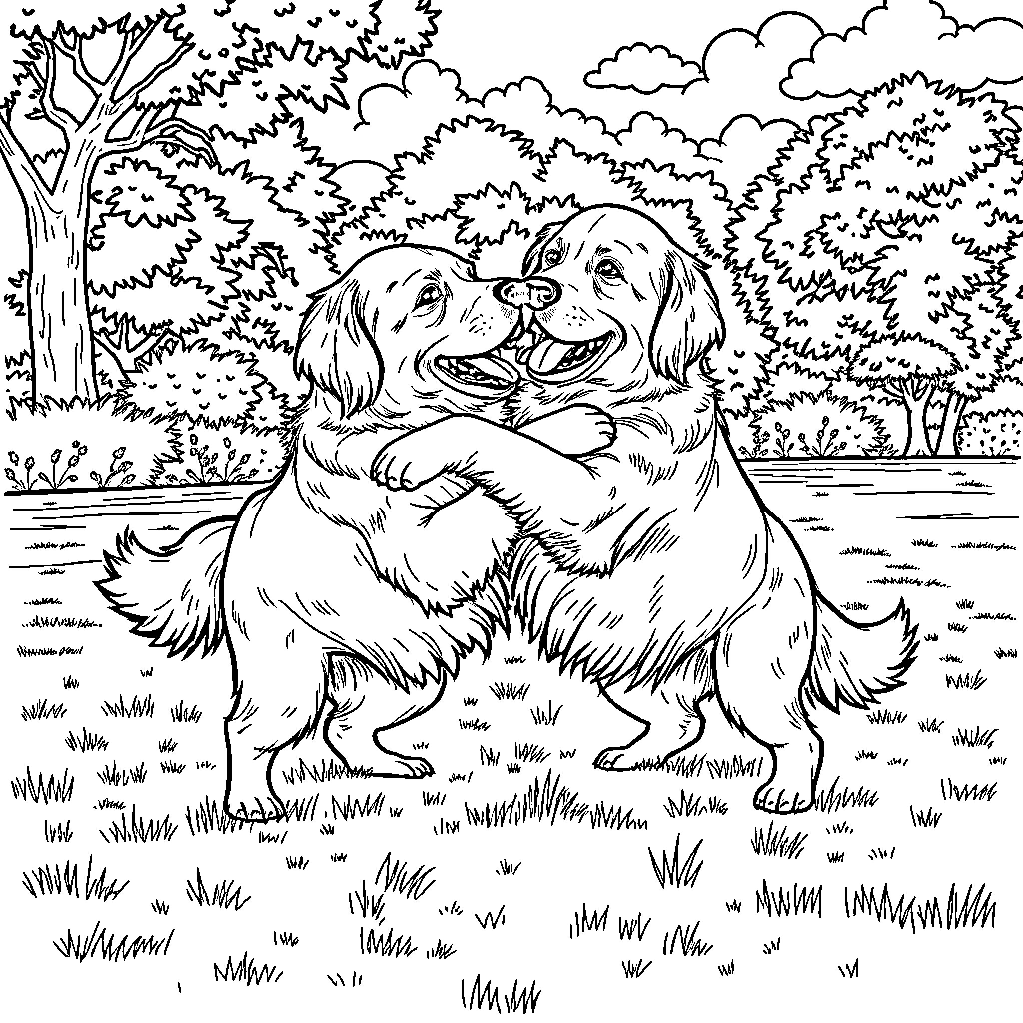 Golden Retriever friends playing joyfully in the park Coloring Page (free black-and-white line drawing printable PDF for all, from beginners to advanced learners, including children, teens, adults, and seniors)