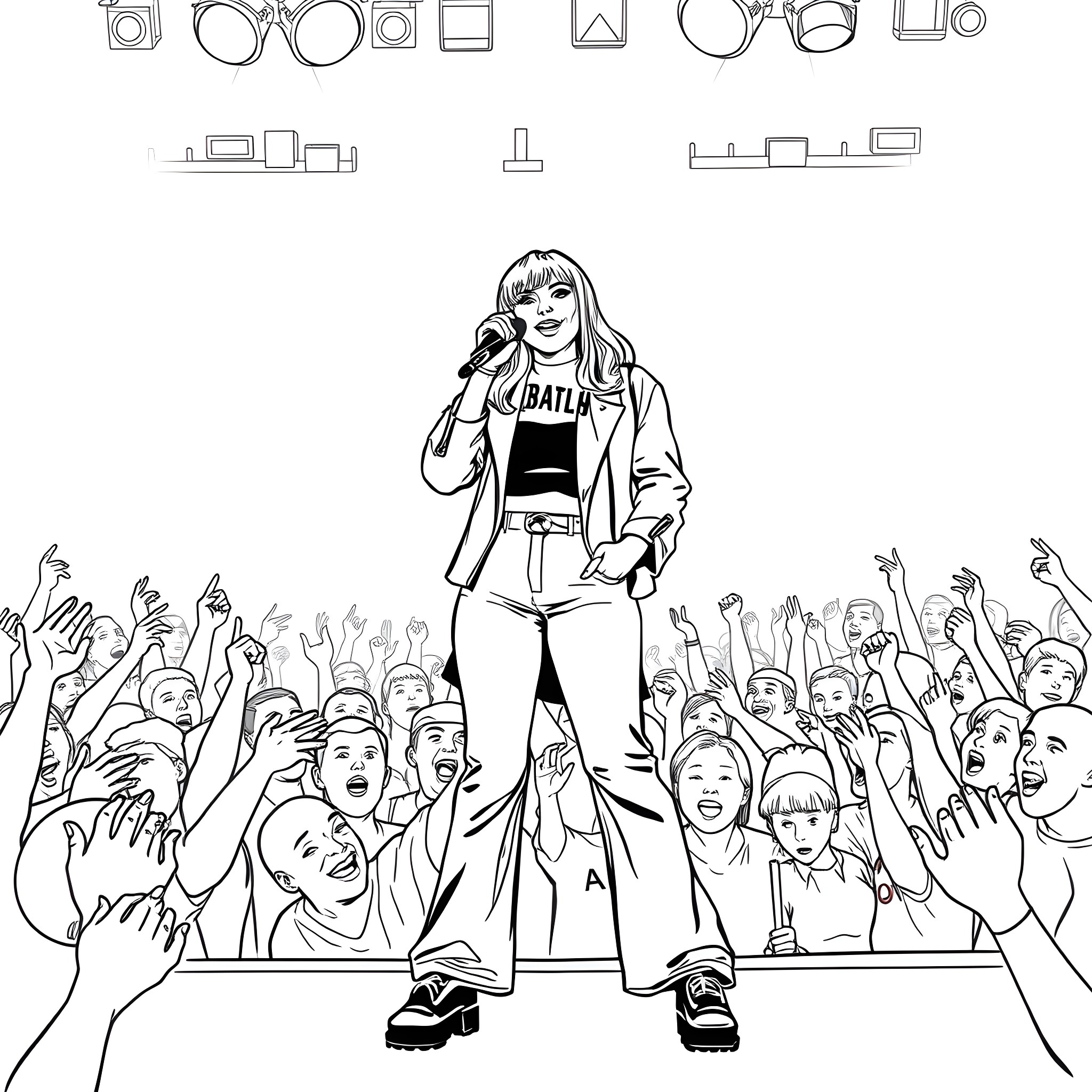 Billie Eilish performing on stage before an enthusiastic crowd Coloring Page (free black-and-white line drawing printable PDF for all, from beginners to advanced learners, including children, teens, adults, and seniors)