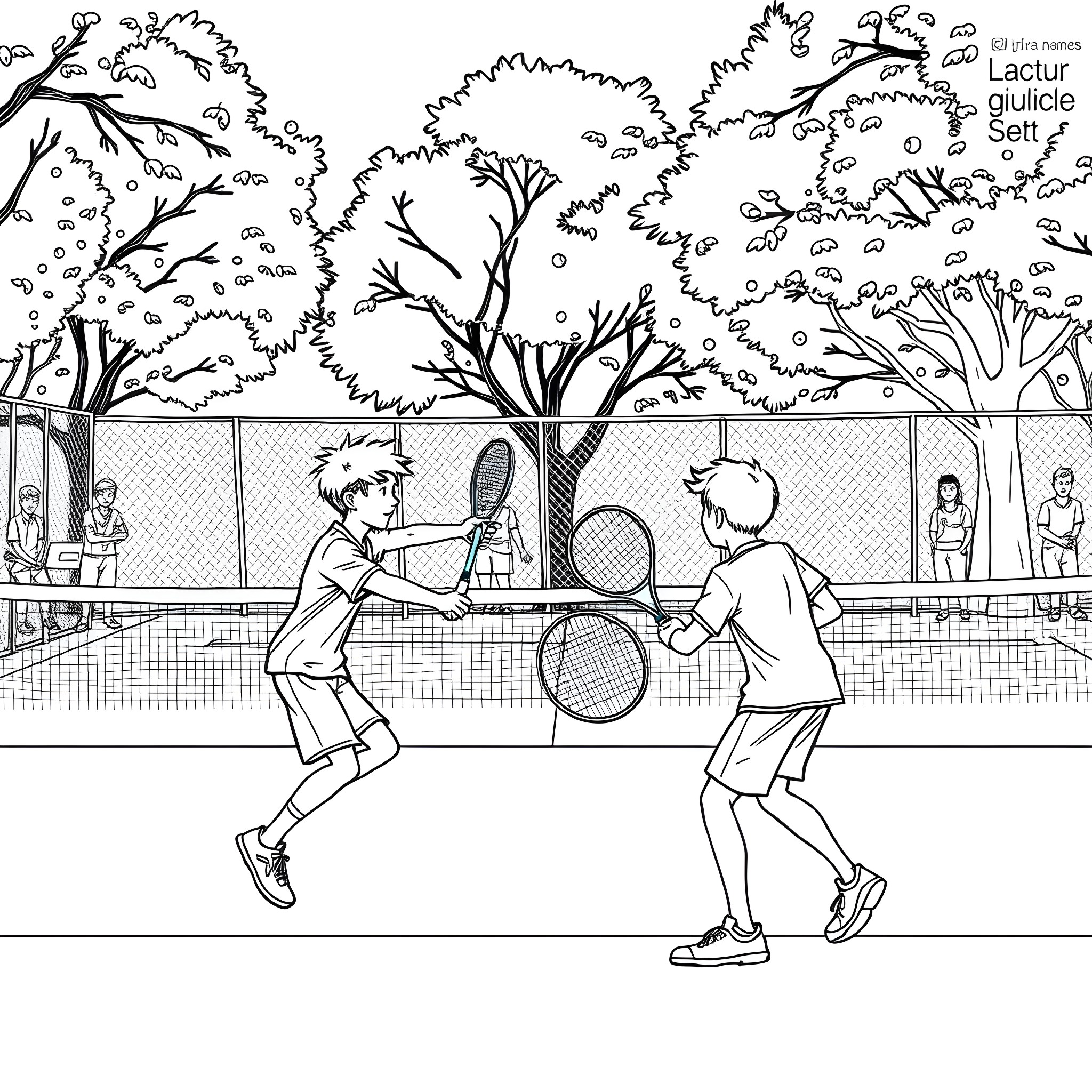 Teen Boys Playing Tennis on a Court Coloring Page (free black-and-white line drawing printable PDF for all, from beginners to advanced learners, including children, teens, adults, and seniors)