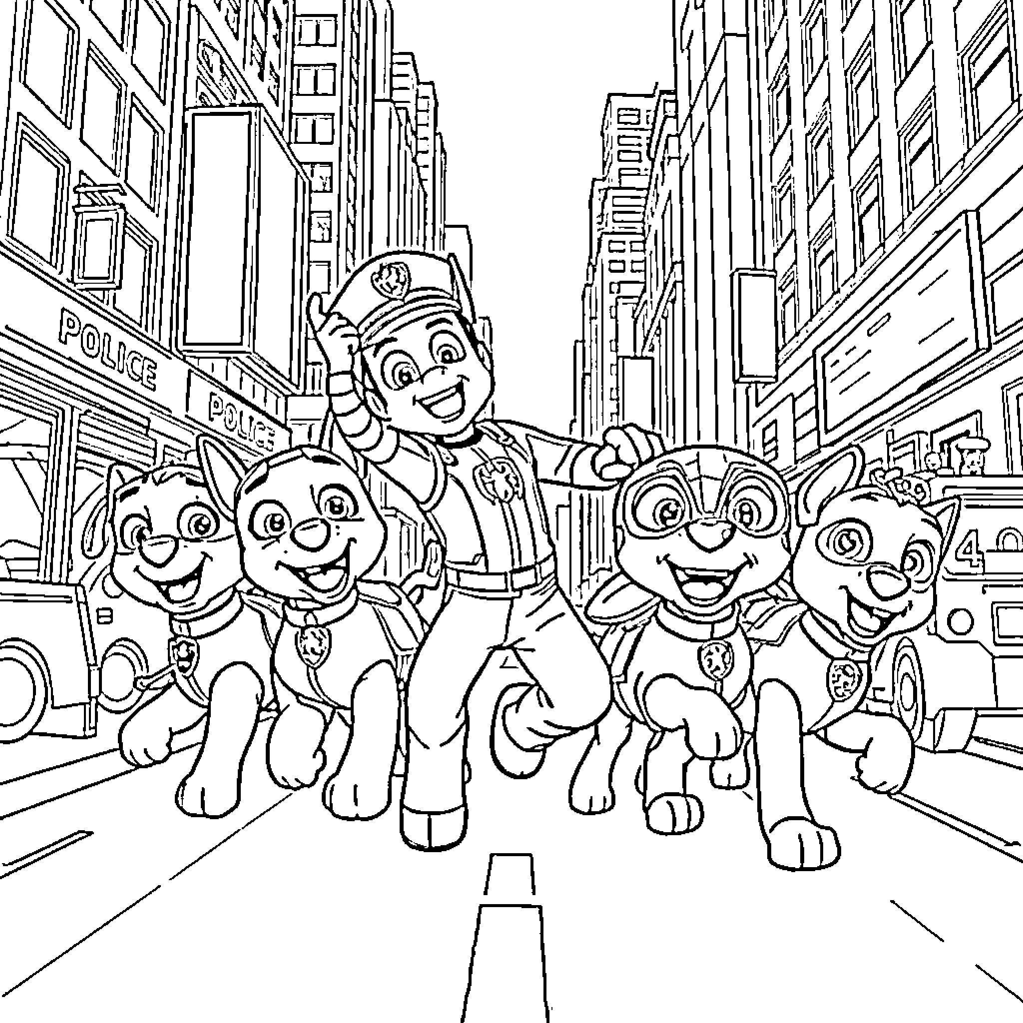 Paw Patrol team exploring the city streets Coloring Page (free black-and-white line drawing printable PDF for all, from beginners to advanced learners, including children, teens, adults, and seniors)