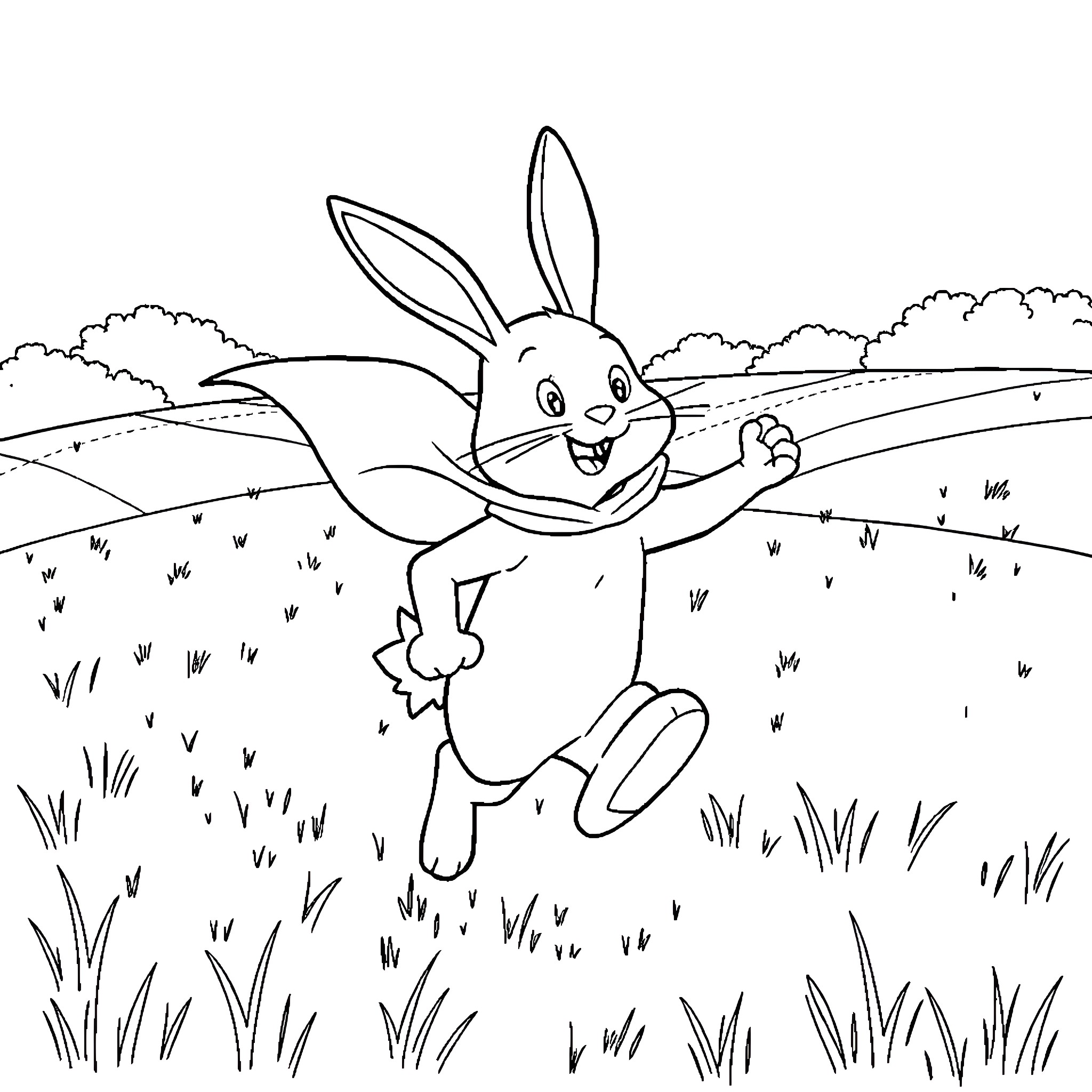 Rabbit running happily through the countryside Coloring Page (free black-and-white line drawing printable PDF for all, from beginners to advanced learners, including children, teens, adults, and seniors)